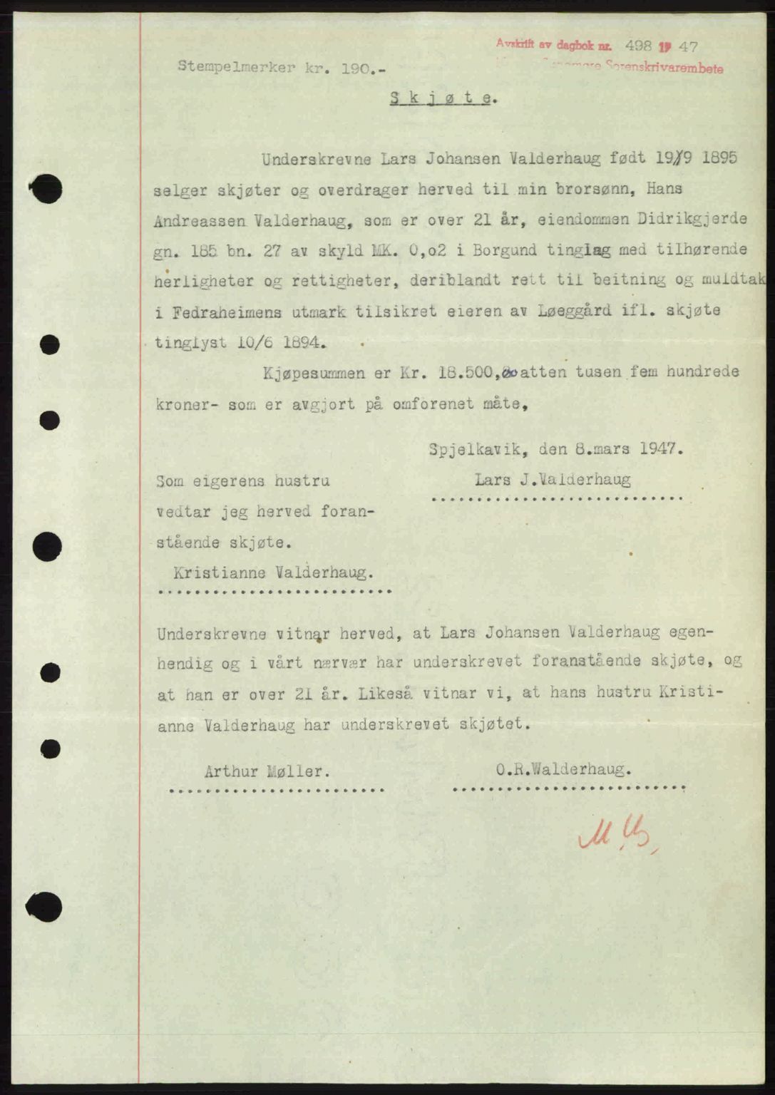 Nordre Sunnmøre sorenskriveri, AV/SAT-A-0006/1/2/2C/2Ca: Mortgage book no. A24, 1947-1947, Diary no: : 498/1947