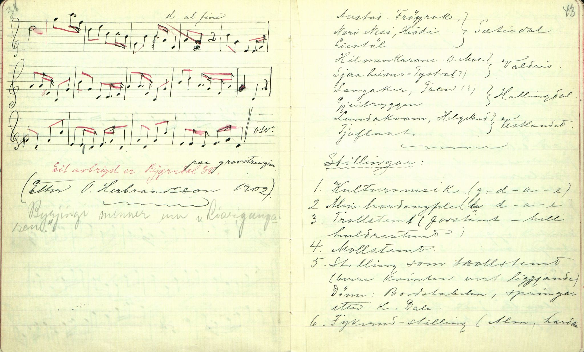 Rikard Berge, TEMU/TGM-A-1003/F/L0001/0024: 001-030 Innholdslister / 20. Musiksoge. Folkemusik II, 1902-1903, p. 38-43