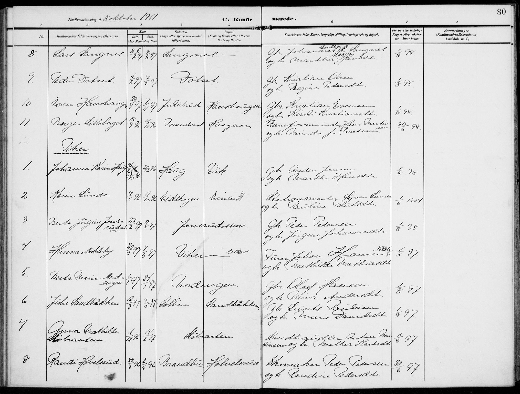 Kolbu prestekontor, SAH/PREST-110/H/Ha/Haa/L0001: Parish register (official) no. 1, 1907-1923, p. 80