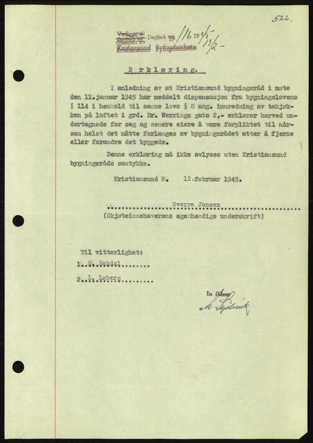 Kristiansund byfogd, AV/SAT-A-4587/A/27: Mortgage book no. 37-38, 1943-1945, Diary no: : 116/1945