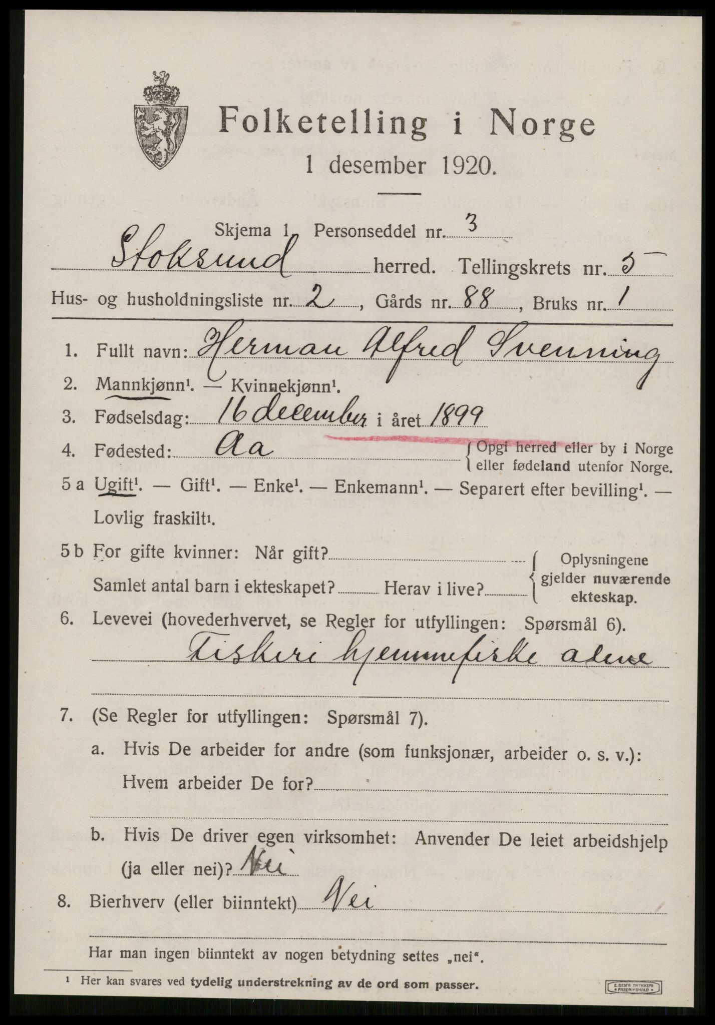 SAT, 1920 census for Stoksund, 1920, p. 2598