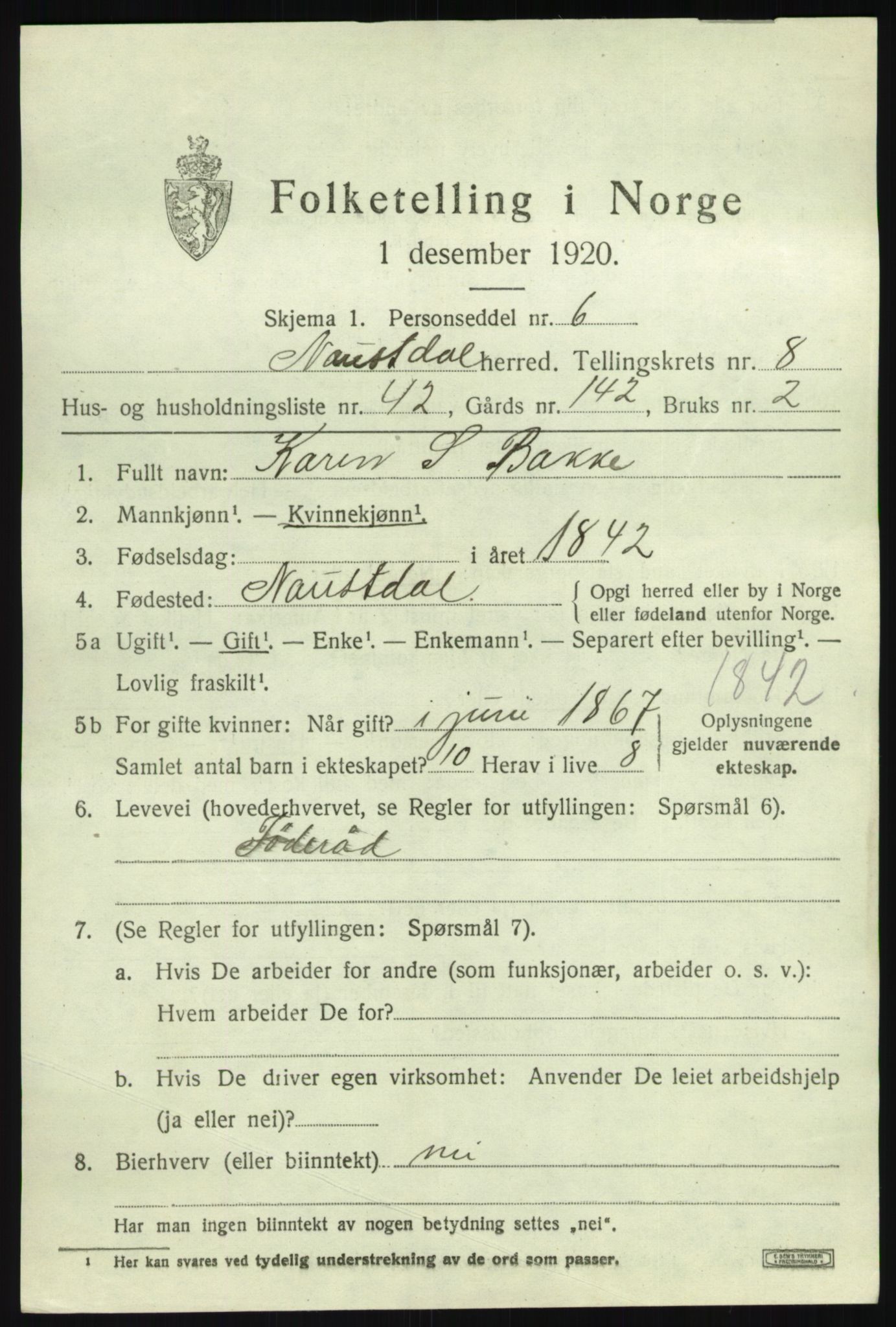 SAB, 1920 census for Naustdal, 1920, p. 5345