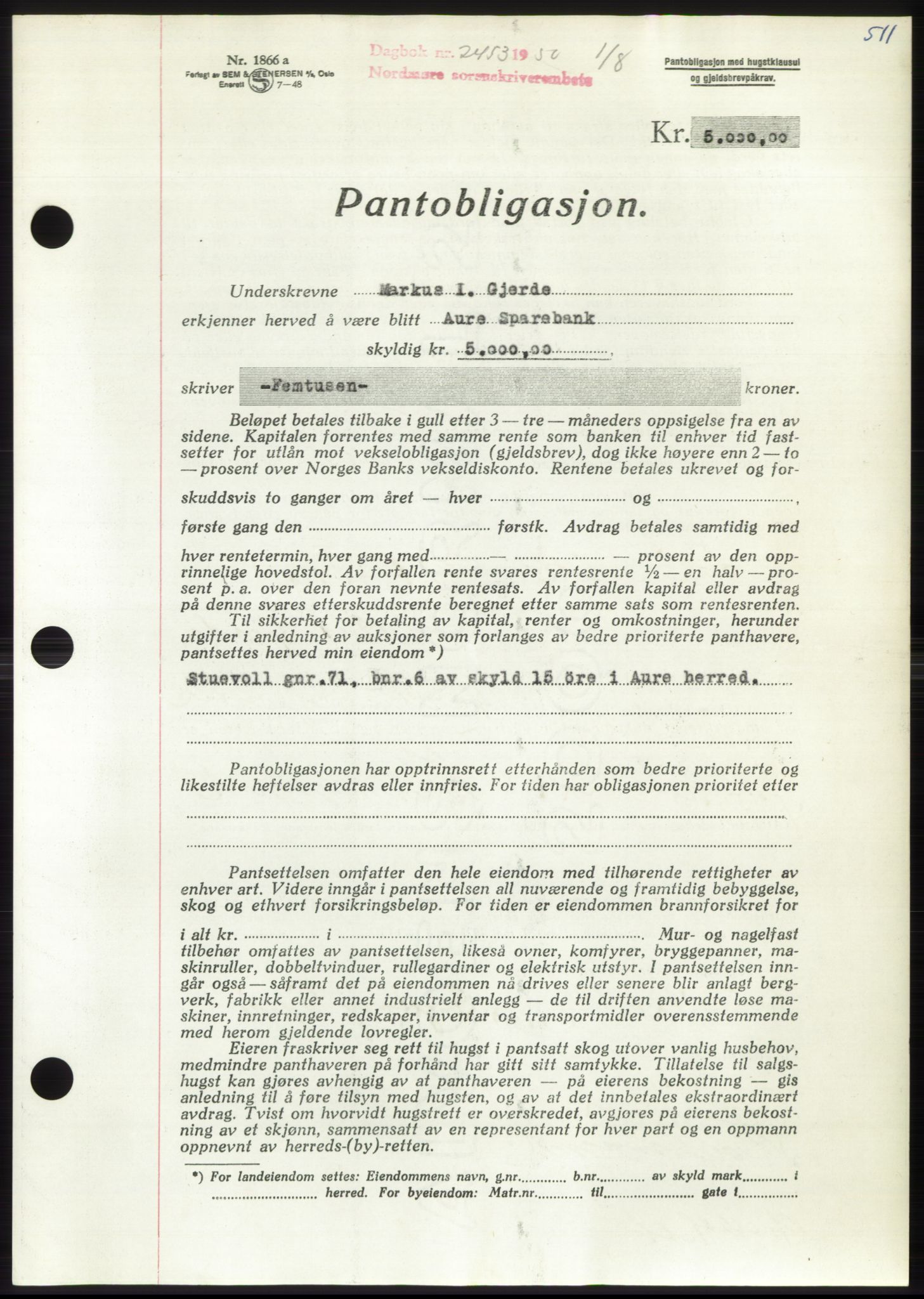 Nordmøre sorenskriveri, AV/SAT-A-4132/1/2/2Ca: Mortgage book no. B105, 1950-1950, Diary no: : 2453/1950