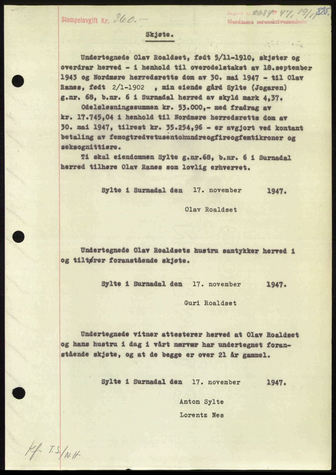 Nordmøre sorenskriveri, AV/SAT-A-4132/1/2/2Ca: Mortgage book no. A106, 1947-1947, Diary no: : 2684/1947