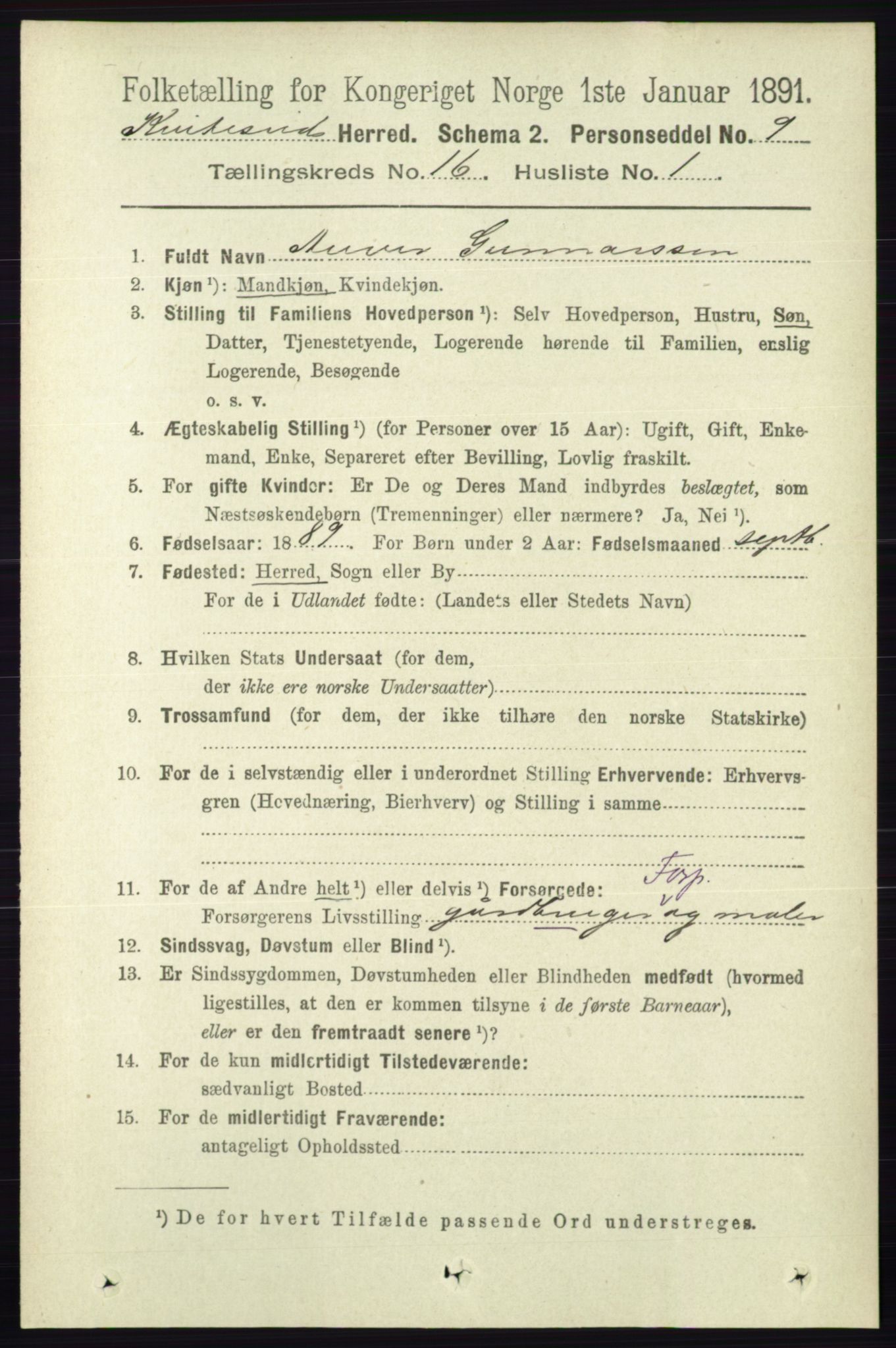 RA, 1891 census for 0829 Kviteseid, 1891, p. 3643