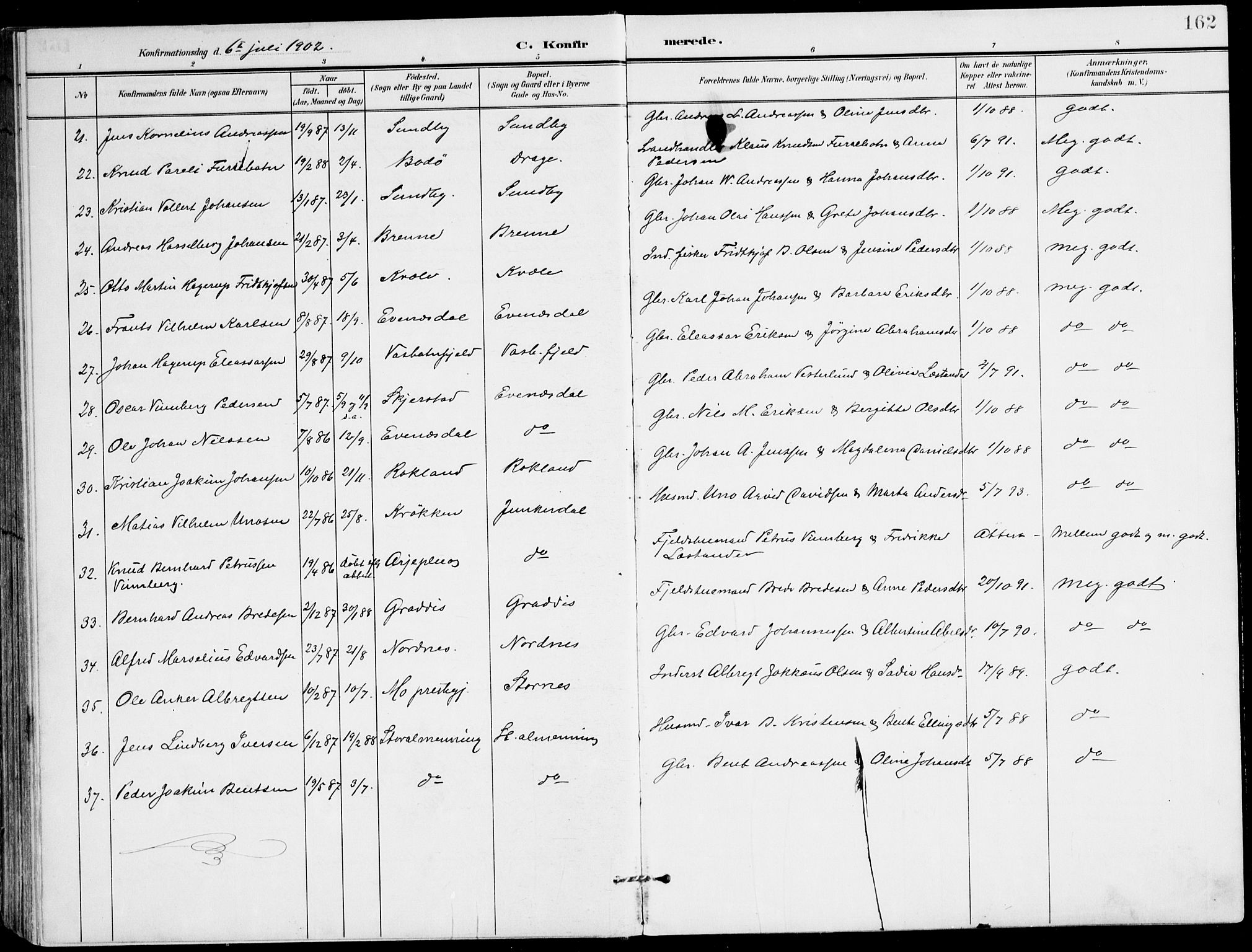 Ministerialprotokoller, klokkerbøker og fødselsregistre - Nordland, AV/SAT-A-1459/847/L0672: Parish register (official) no. 847A12, 1902-1919, p. 162