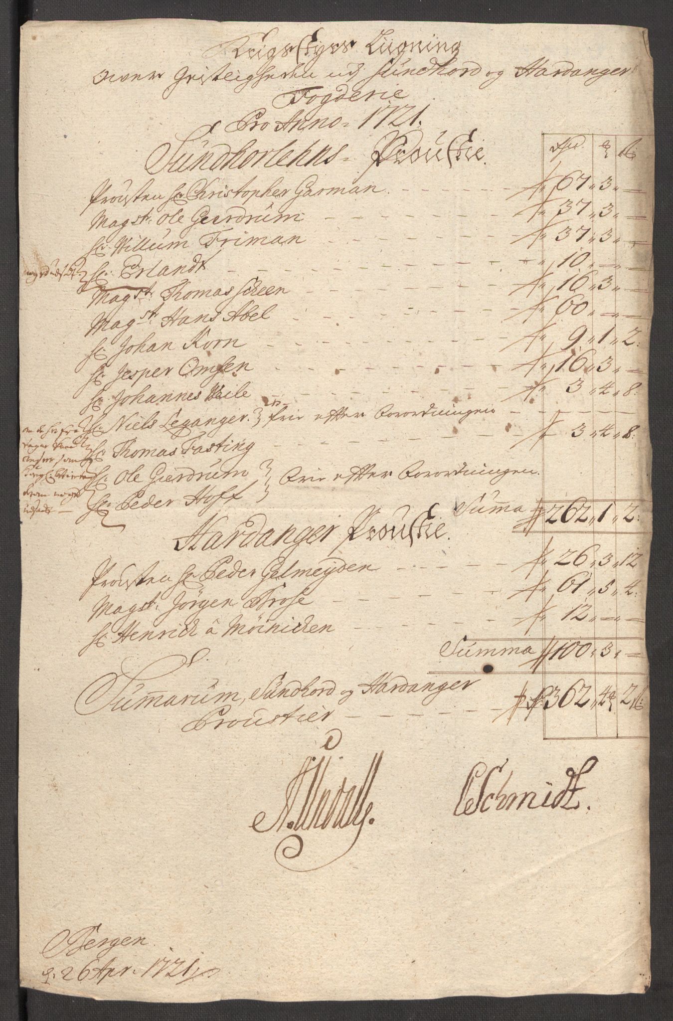 Rentekammeret inntil 1814, Reviderte regnskaper, Fogderegnskap, RA/EA-4092/R48/L3000: Fogderegnskap Sunnhordland og Hardanger, 1721, p. 96