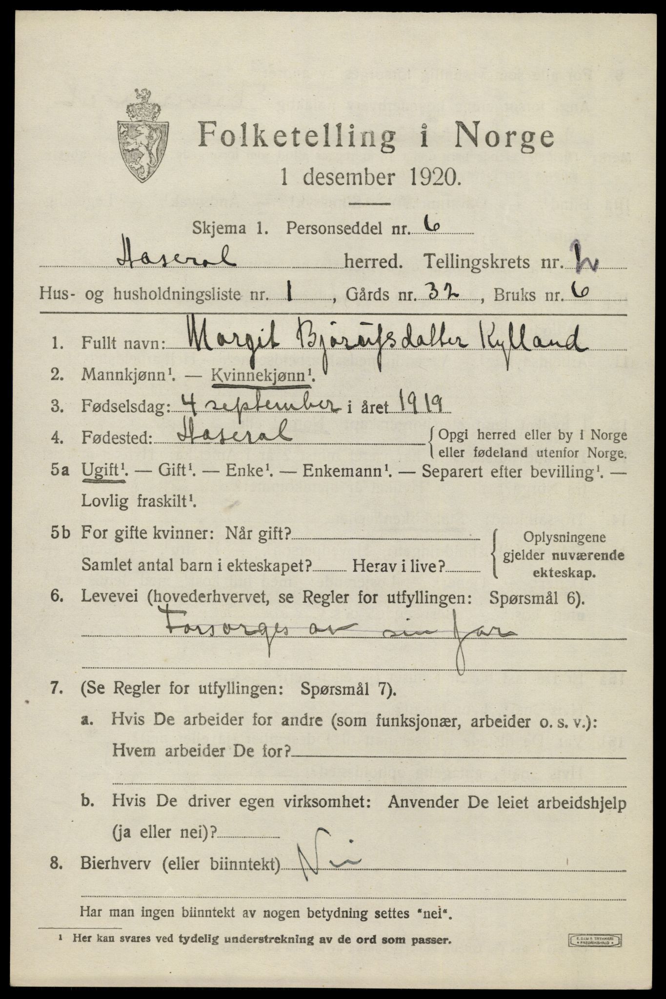 SAK, 1920 census for Åseral, 1920, p. 782