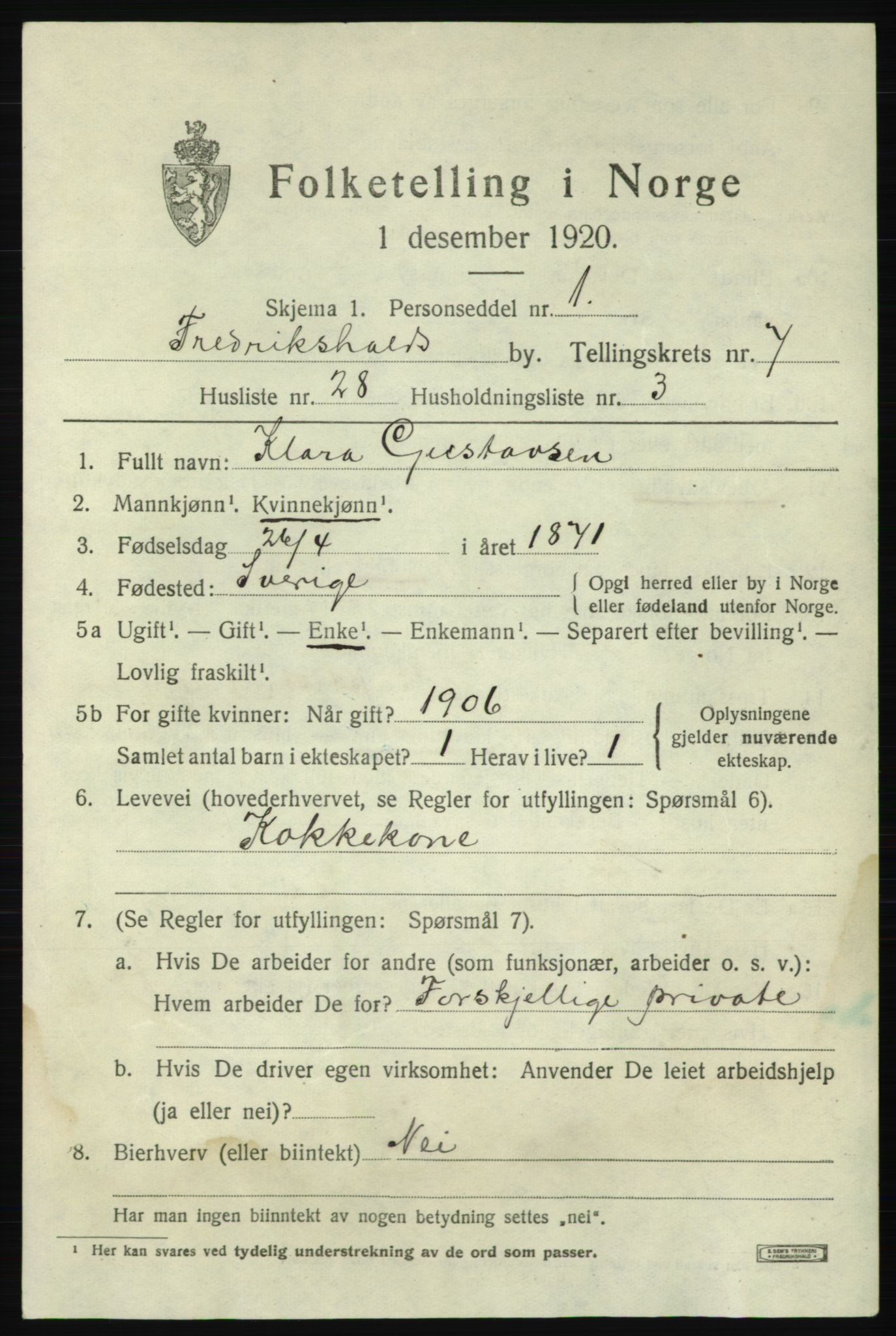 SAO, 1920 census for Fredrikshald, 1920, p. 14602