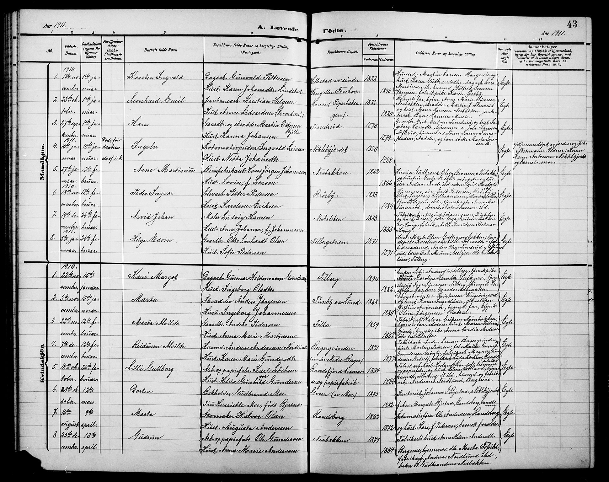 Jevnaker prestekontor, SAH/PREST-116/H/Ha/Hab/L0004: Parish register (copy) no. 4, 1907-1918, p. 43