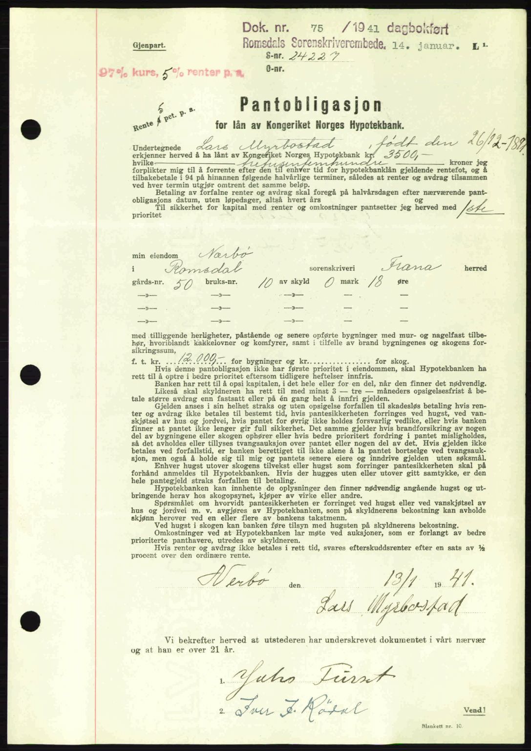 Romsdal sorenskriveri, AV/SAT-A-4149/1/2/2C: Mortgage book no. B2, 1939-1945, Diary no: : 75/1941