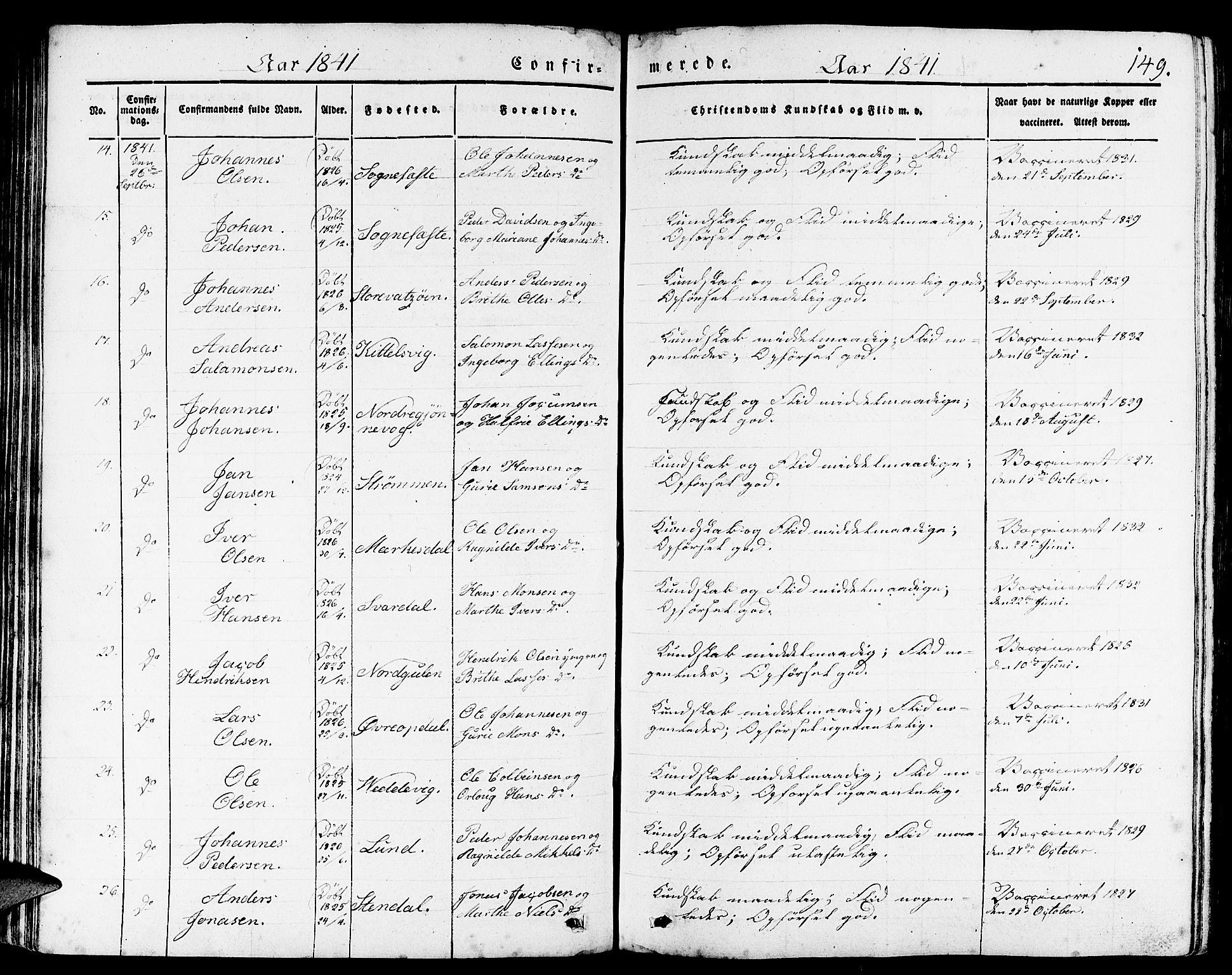 Gulen sokneprestembete, AV/SAB-A-80201/H/Haa/Haaa/L0020: Parish register (official) no. A 20, 1837-1847, p. 149