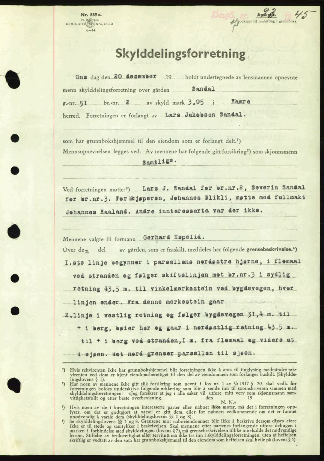 Nordhordland sorenskrivar, AV/SAB-A-2901/1/G/Gb/Gbf/L0023: Mortgage book no. A23, 1944-1945, Diary no: : 93/1945