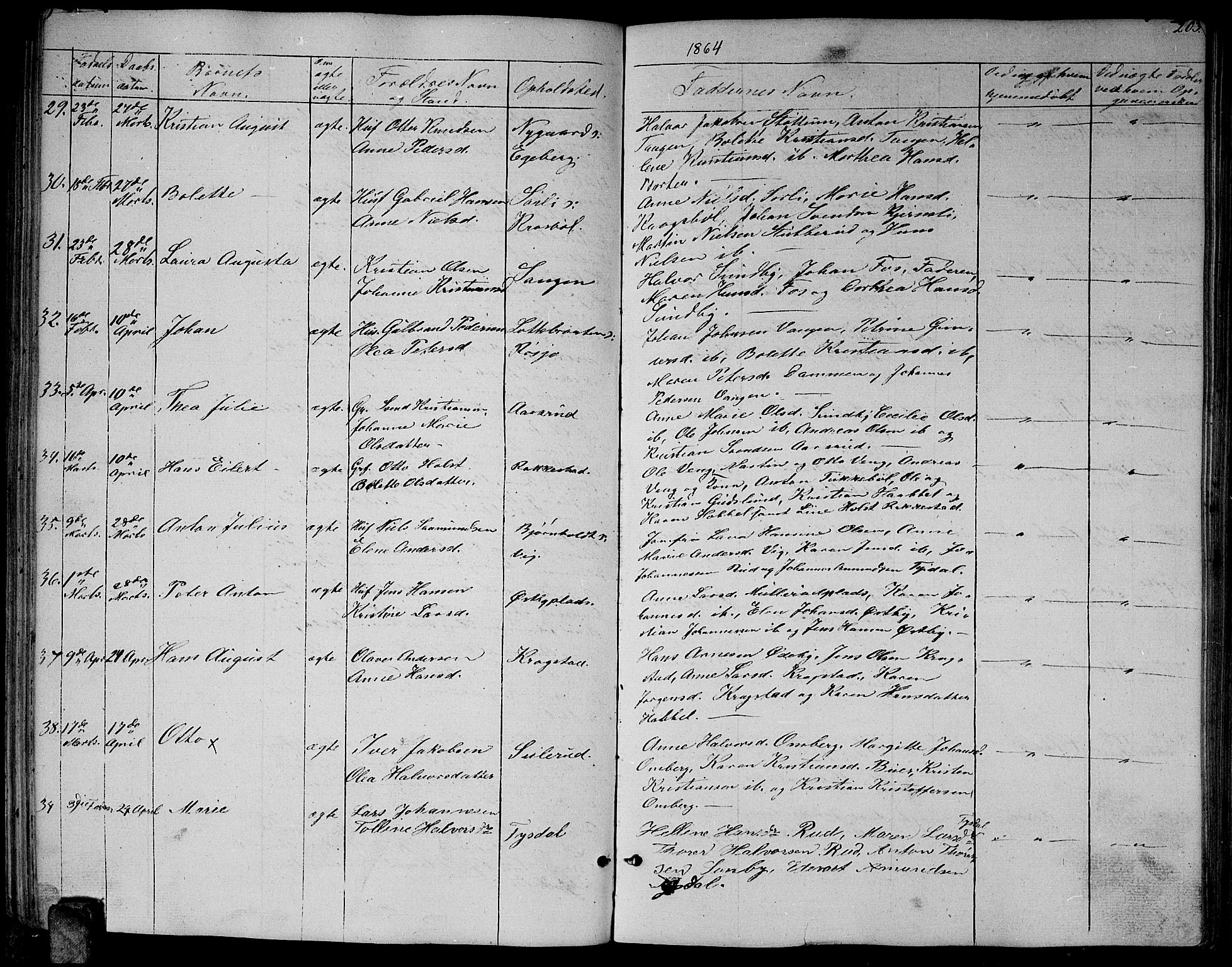 Enebakk prestekontor Kirkebøker, AV/SAO-A-10171c/G/Ga/L0004: Parish register (copy) no. I 4, 1850-1866, p. 203