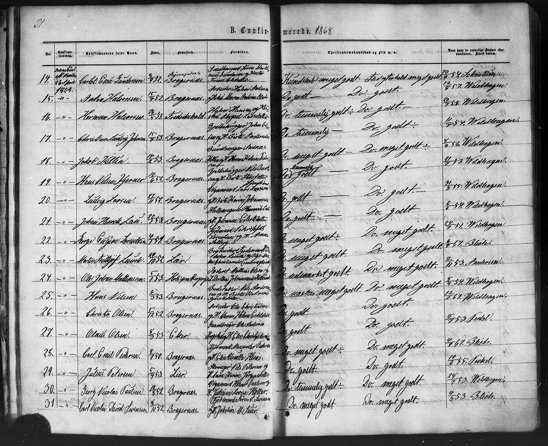 Bragernes kirkebøker, AV/SAKO-A-6/F/Fc/L0003: Parish register (official) no. III 3, 1865-1874, p. 21