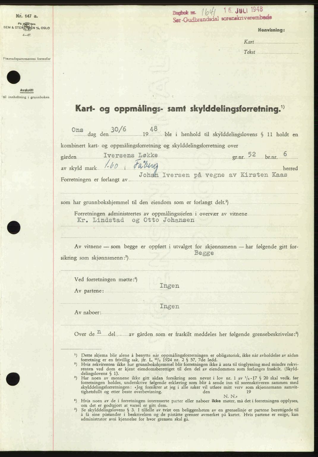 Sør-Gudbrandsdal tingrett, SAH/TING-004/H/Hb/Hbd/L0022: Mortgage book no. A22, 1948-1948, Diary no: : 1641/1948