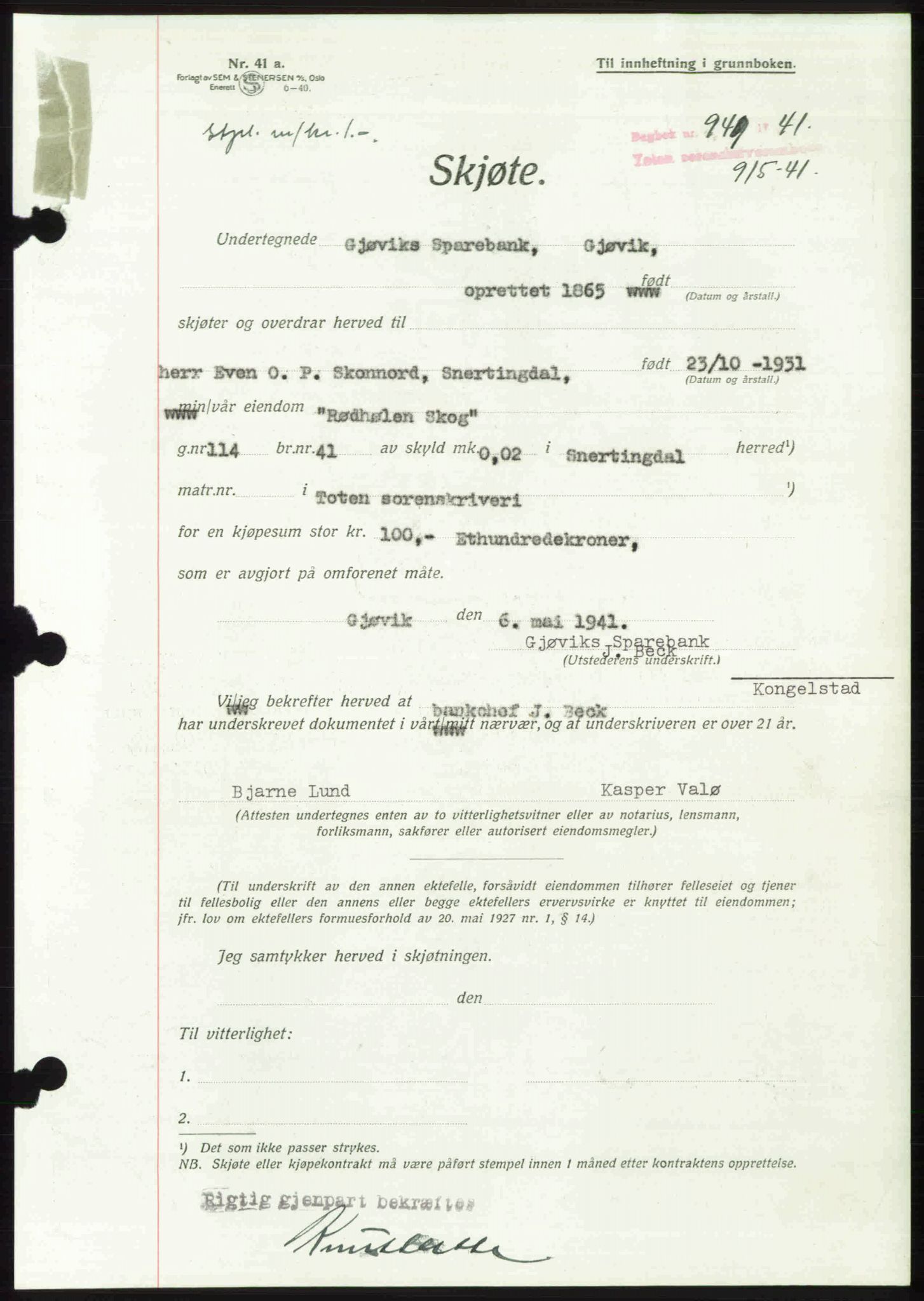 Toten tingrett, SAH/TING-006/H/Hb/Hbc/L0008: Mortgage book no. Hbc-08, 1941-1941, Diary no: : 949/1941
