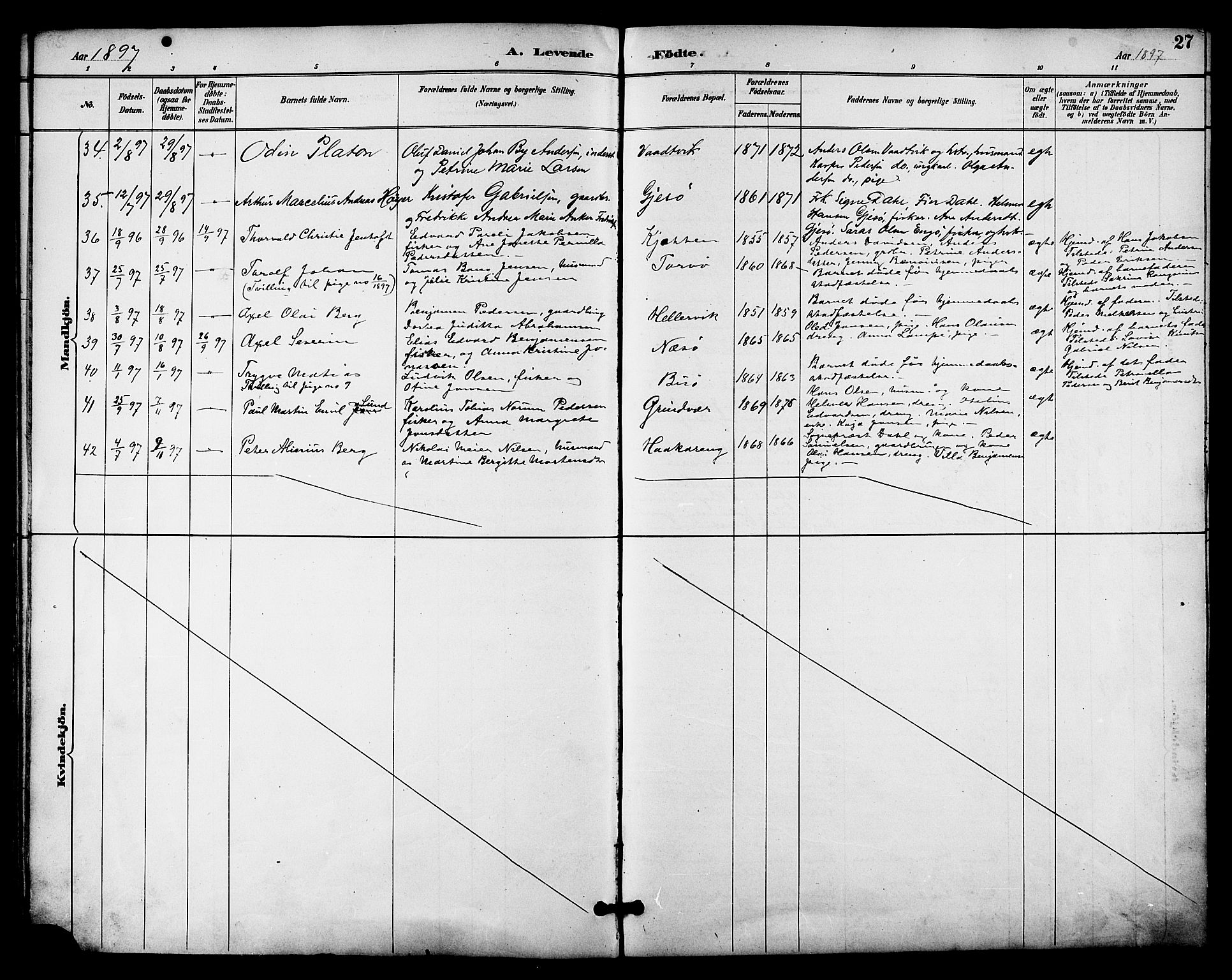 Ministerialprotokoller, klokkerbøker og fødselsregistre - Nordland, AV/SAT-A-1459/841/L0610: Parish register (official) no. 841A14, 1890-1901, p. 27