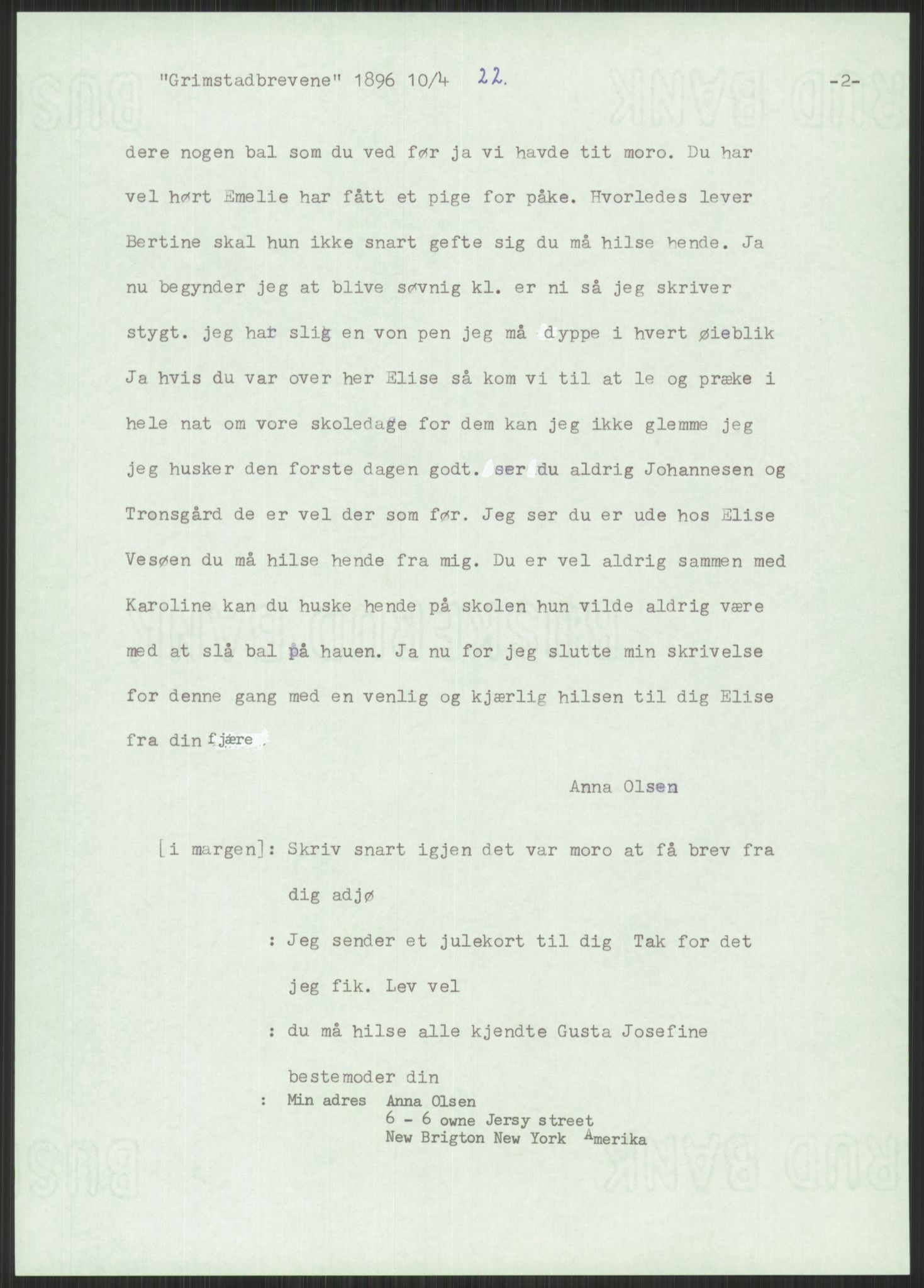 Samlinger til kildeutgivelse, Amerikabrevene, AV/RA-EA-4057/F/L0025: Innlån fra Aust-Agder: Aust-Agder-Arkivet, Grimstadbrevene, 1838-1914, p. 221