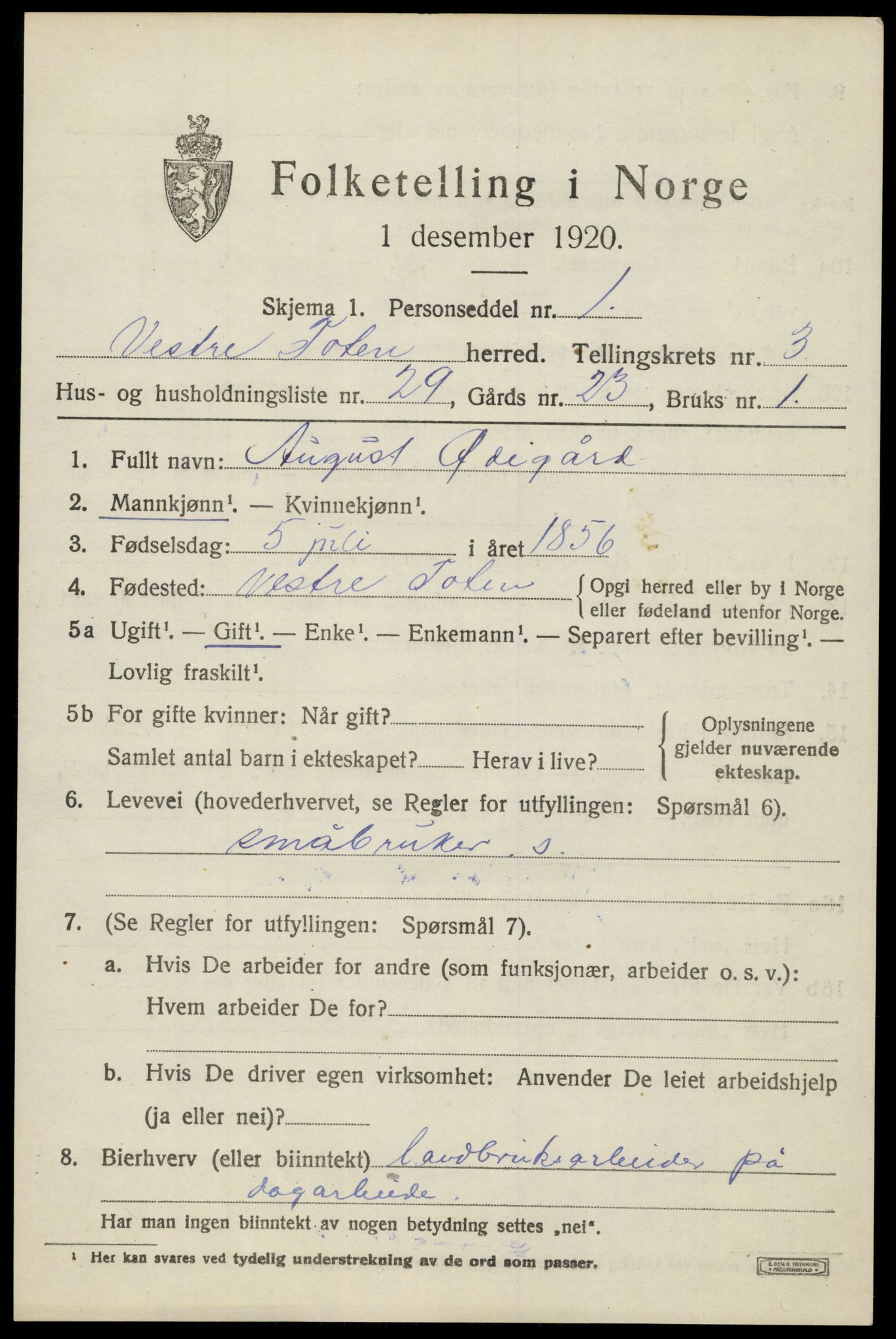 SAH, 1920 census for Vestre Toten, 1920, p. 5046