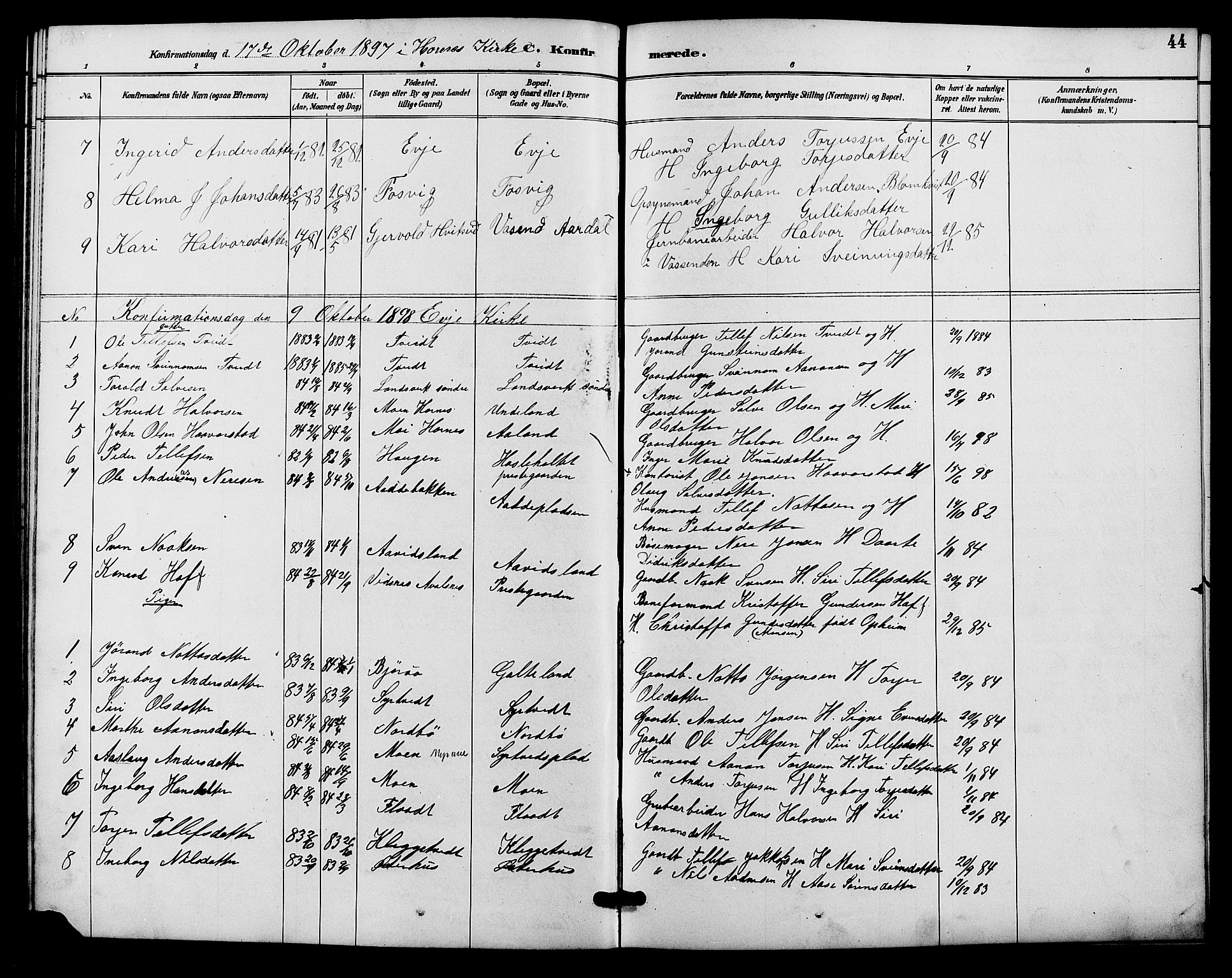 Evje sokneprestkontor, SAK/1111-0008/F/Fb/Fba/L0003: Parish register (copy) no. B 3, 1888-1903, p. 44