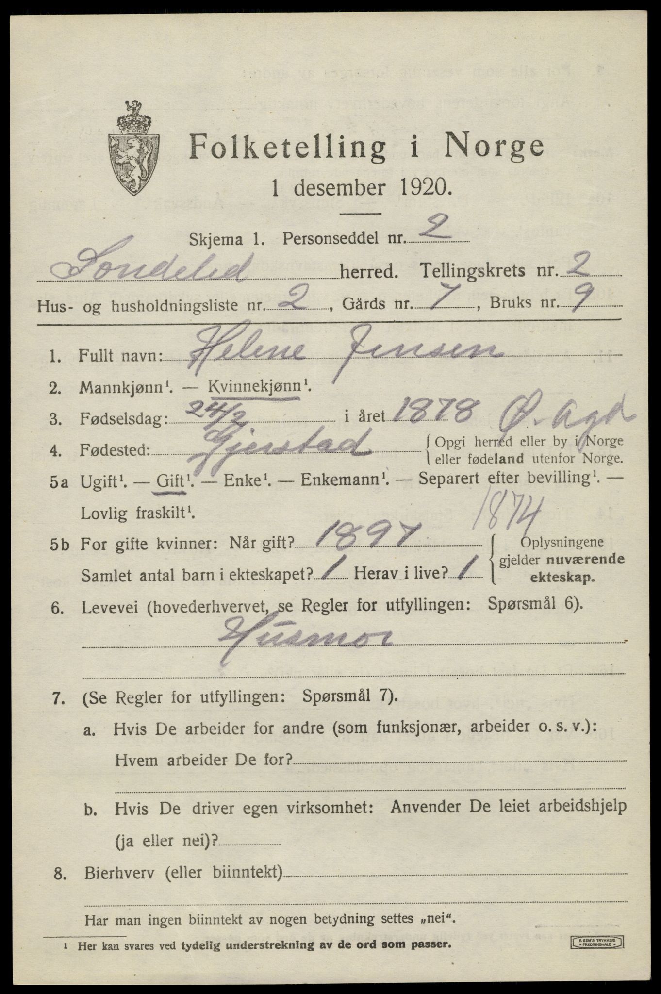 SAK, 1920 census for Søndeled, 1920, p. 1733