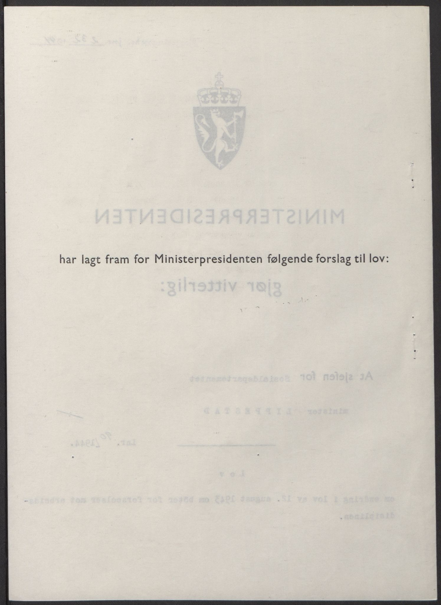 NS-administrasjonen 1940-1945 (Statsrådsekretariatet, de kommisariske statsråder mm), RA/S-4279/D/Db/L0100: Lover, 1944, p. 427