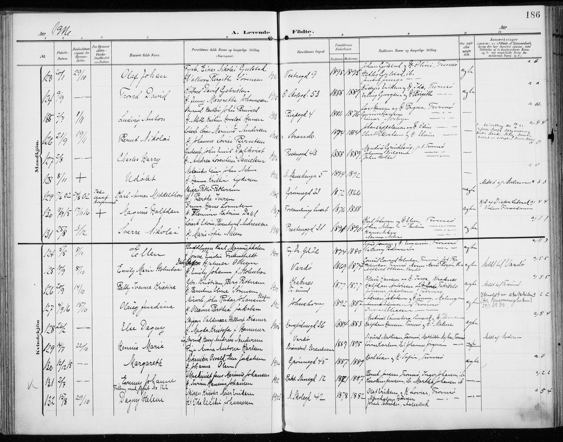 Tromsø sokneprestkontor/stiftsprosti/domprosti, AV/SATØ-S-1343/G/Ga/L0017kirke: Parish register (official) no. 17, 1907-1917, p. 186