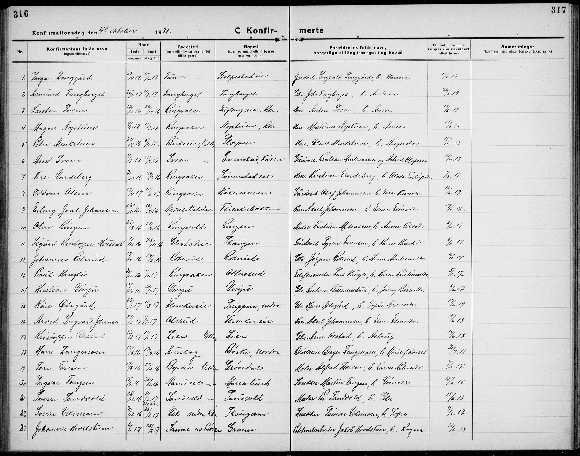 Veldre prestekontor, AV/SAH-PREST-018/L/La/L0001: Parish register (copy) no. 1, 1921-1934, p. 316-317