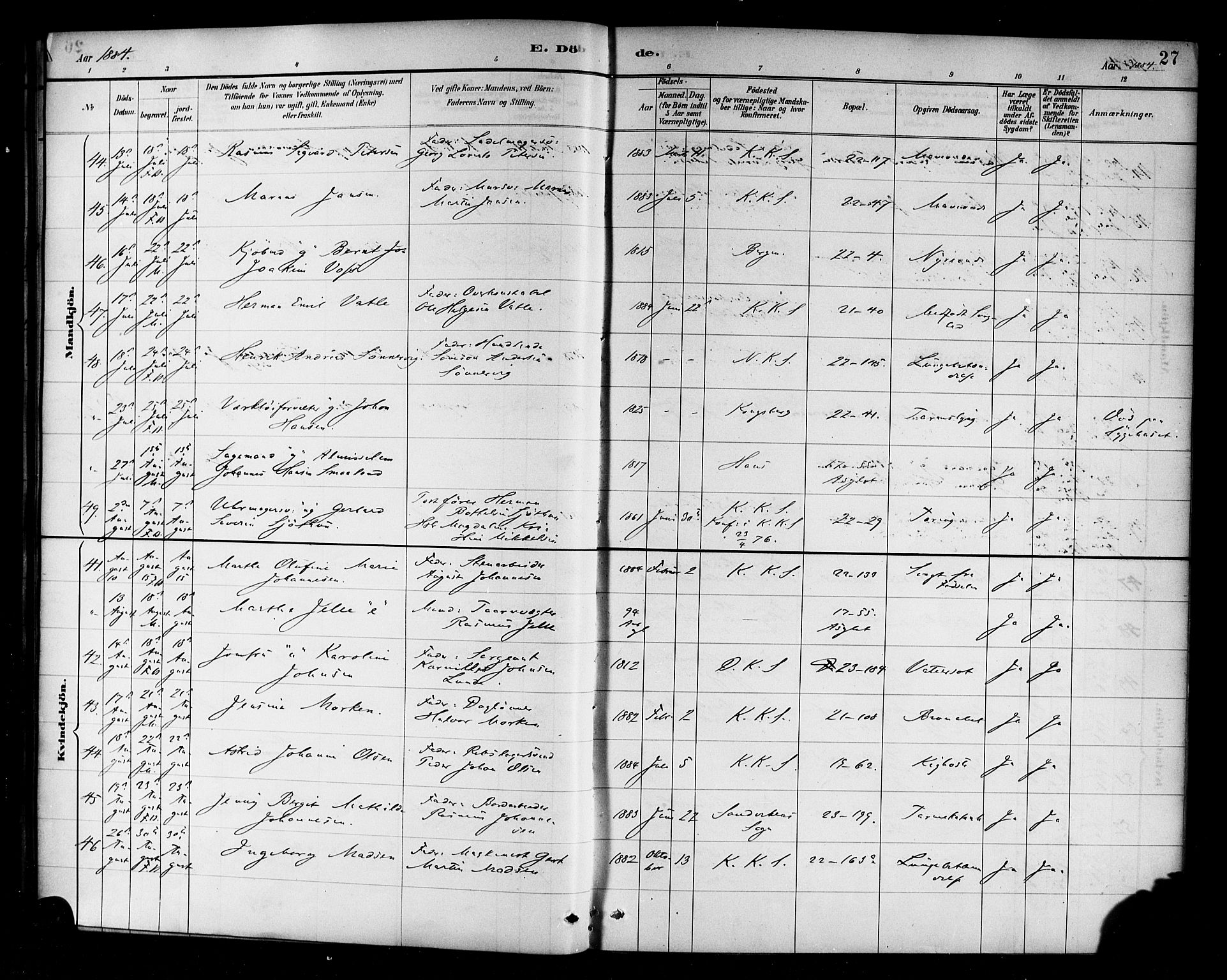 Korskirken sokneprestembete, AV/SAB-A-76101/H/Haa/L0047: Parish register (official) no. E 5, 1884-1910, p. 27