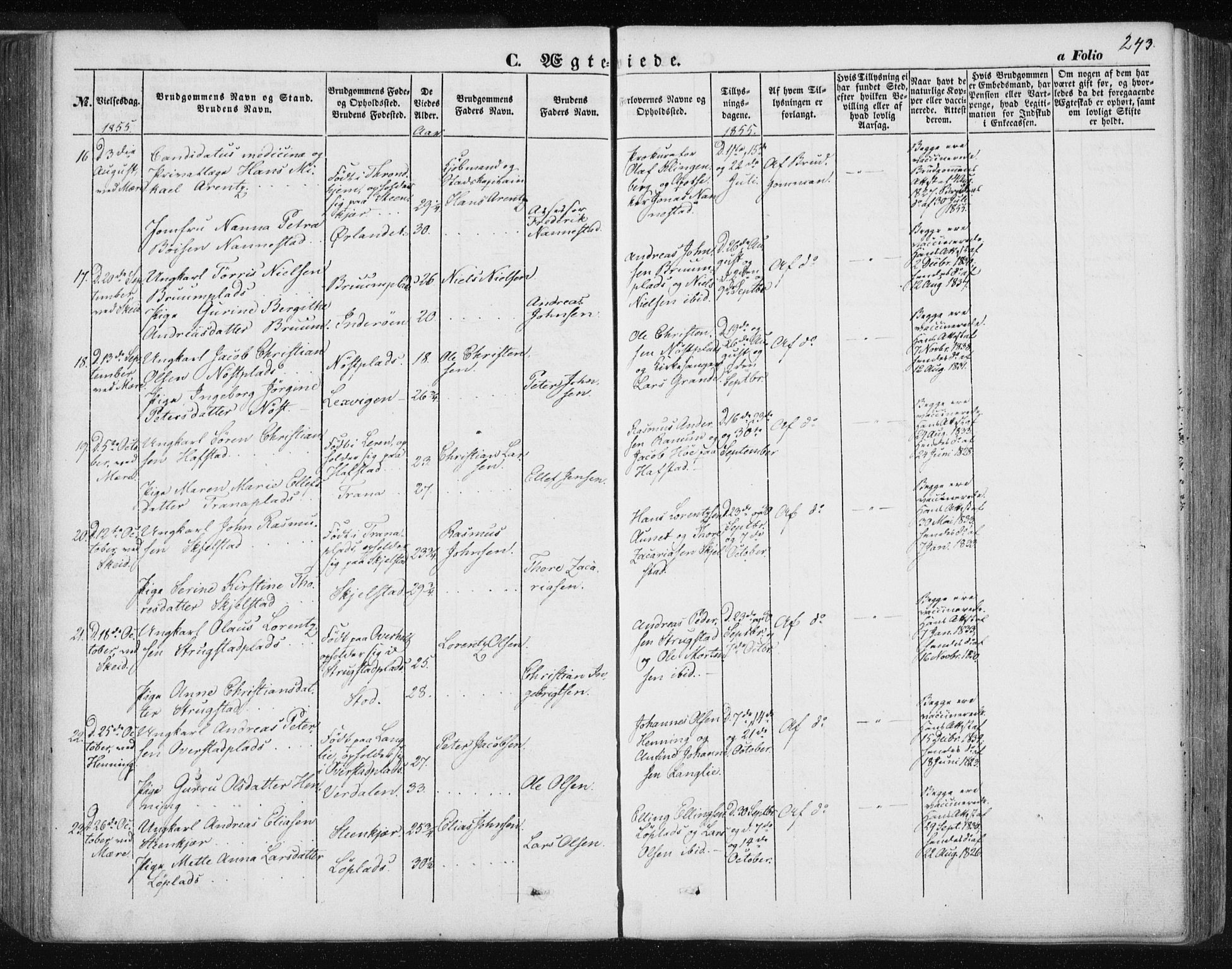 Ministerialprotokoller, klokkerbøker og fødselsregistre - Nord-Trøndelag, SAT/A-1458/735/L0342: Parish register (official) no. 735A07 /1, 1849-1862, p. 243