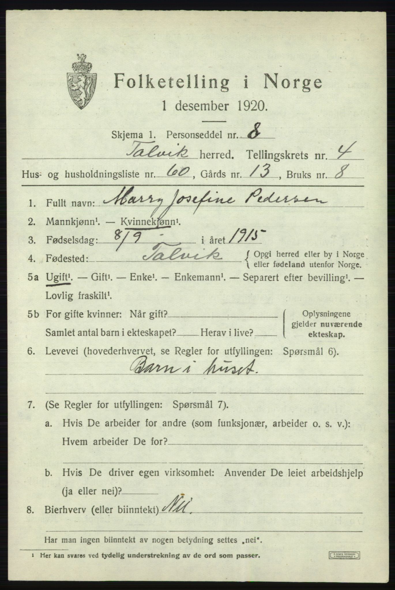 SATØ, 1920 census for Talvik, 1920, p. 3278