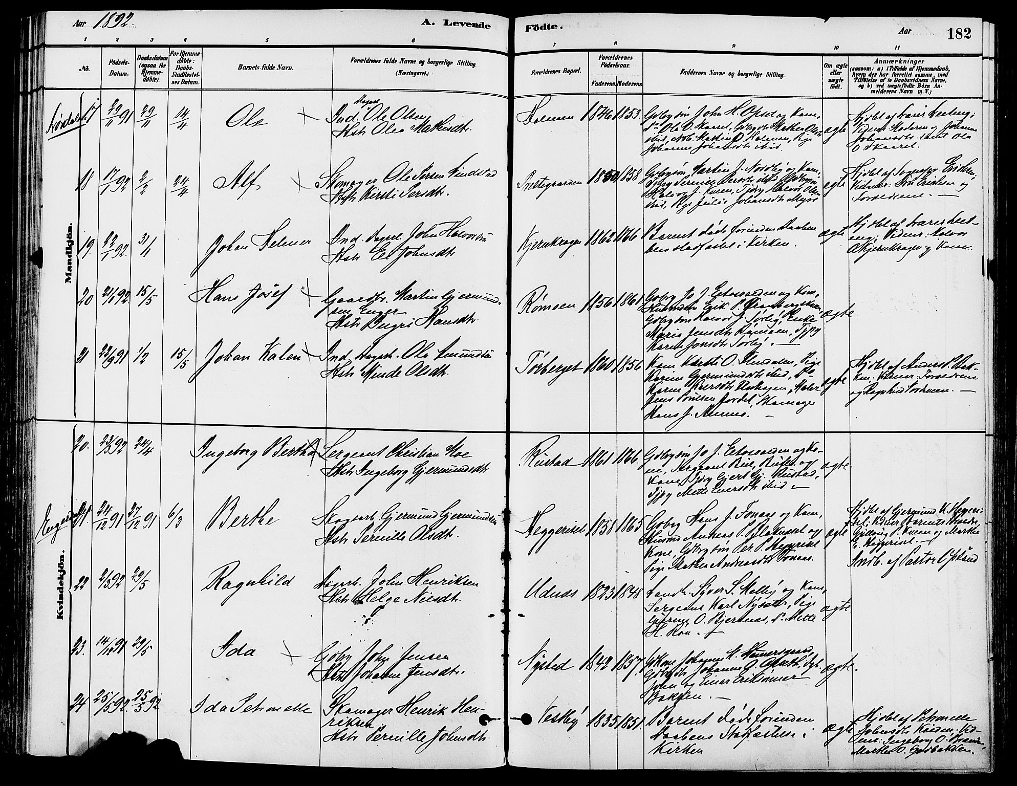 Trysil prestekontor, AV/SAH-PREST-046/H/Ha/Haa/L0008: Parish register (official) no. 8, 1881-1897, p. 182