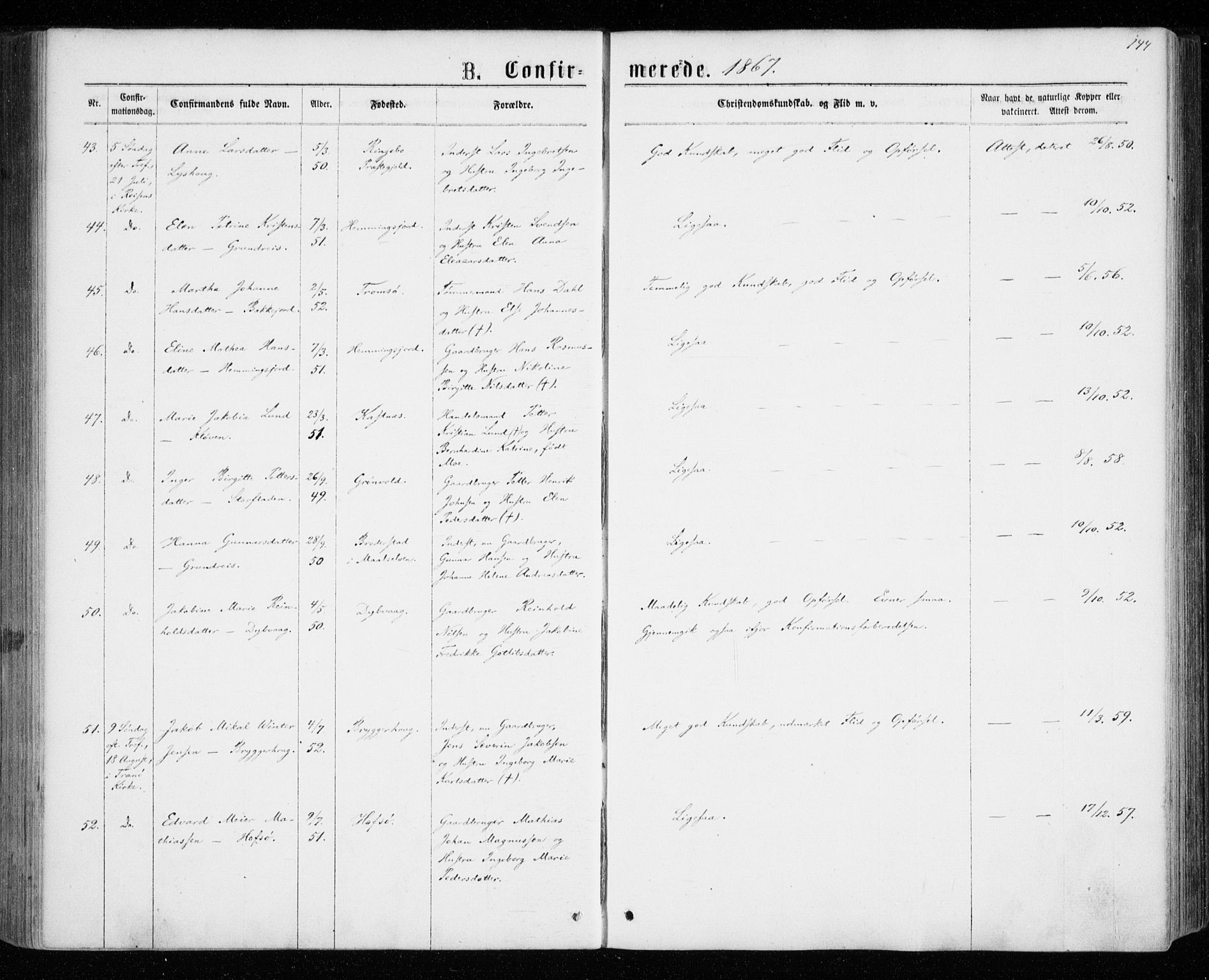 Tranøy sokneprestkontor, AV/SATØ-S-1313/I/Ia/Iaa/L0008kirke: Parish register (official) no. 8, 1867-1877, p. 144