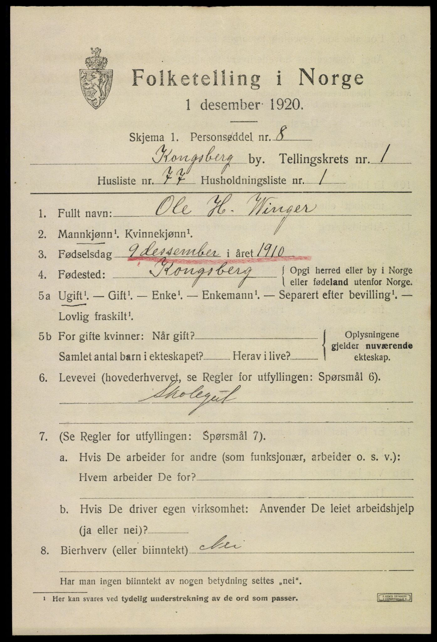 SAKO, 1920 census for Kongsberg, 1920, p. 6748