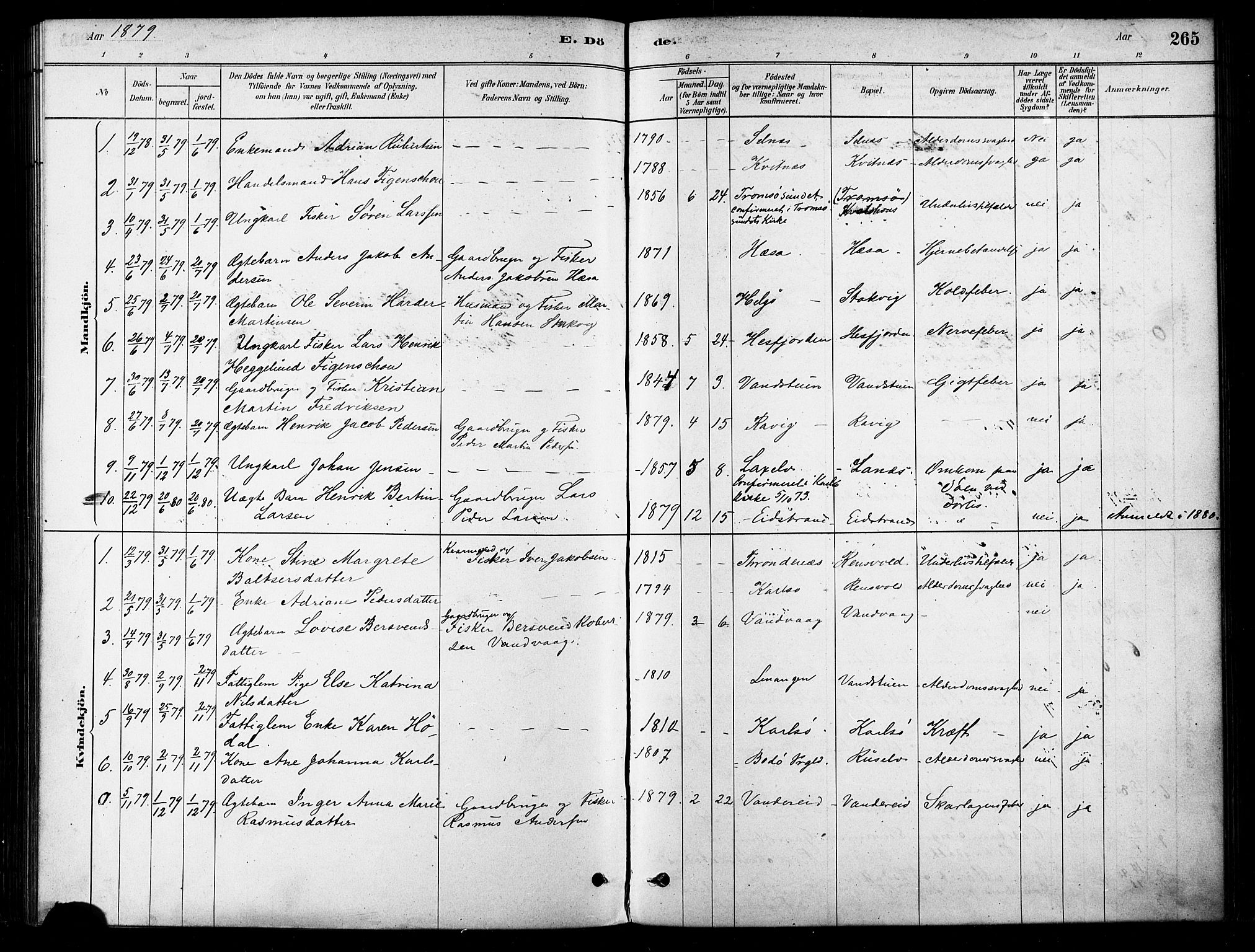 Karlsøy sokneprestembete, SATØ/S-1299/H/Ha/Haa/L0006kirke: Parish register (official) no. 6, 1879-1890, p. 265