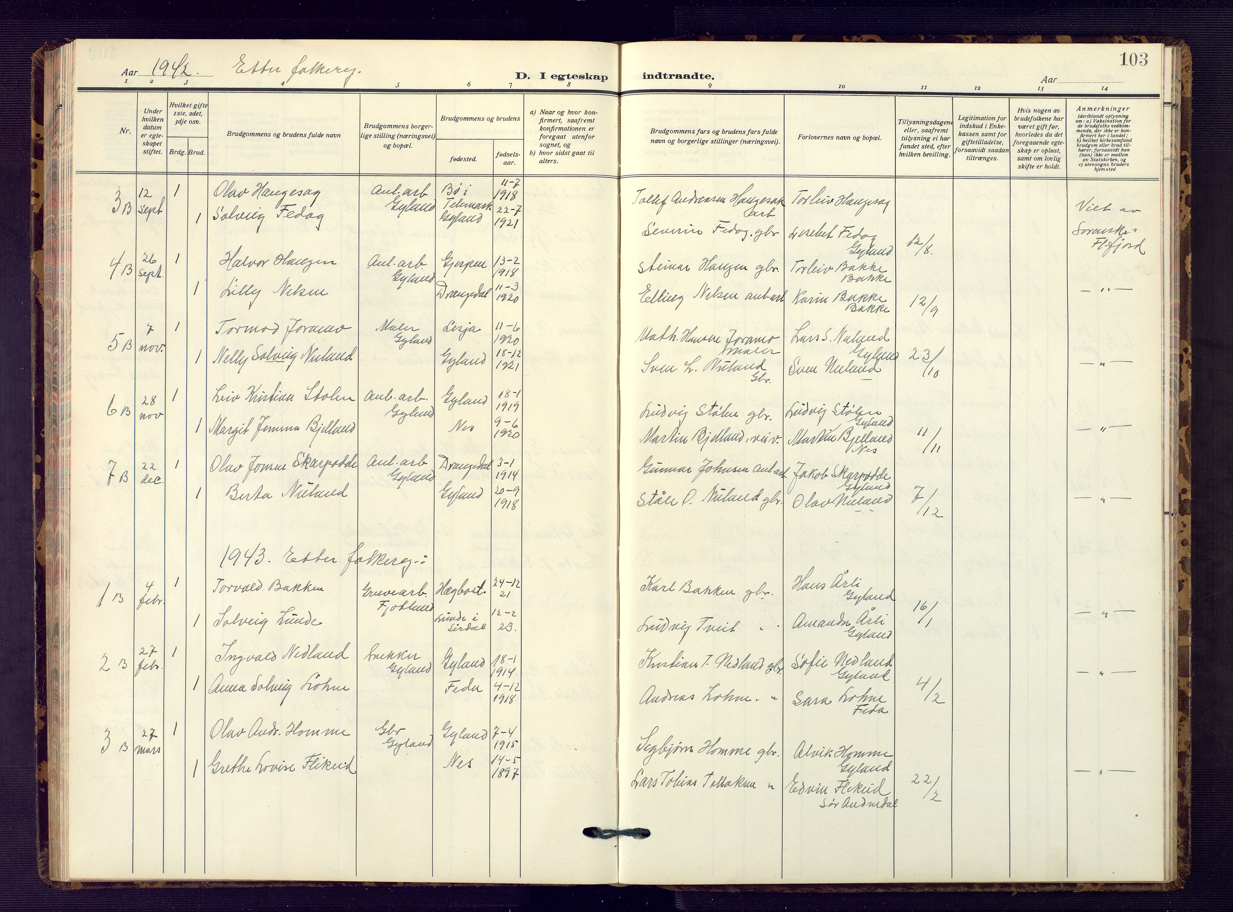 Bakke sokneprestkontor, SAK/1111-0002/F/Fb/Fbb/L0005: Parish register (copy) no. B 5, 1927-1947, p. 103
