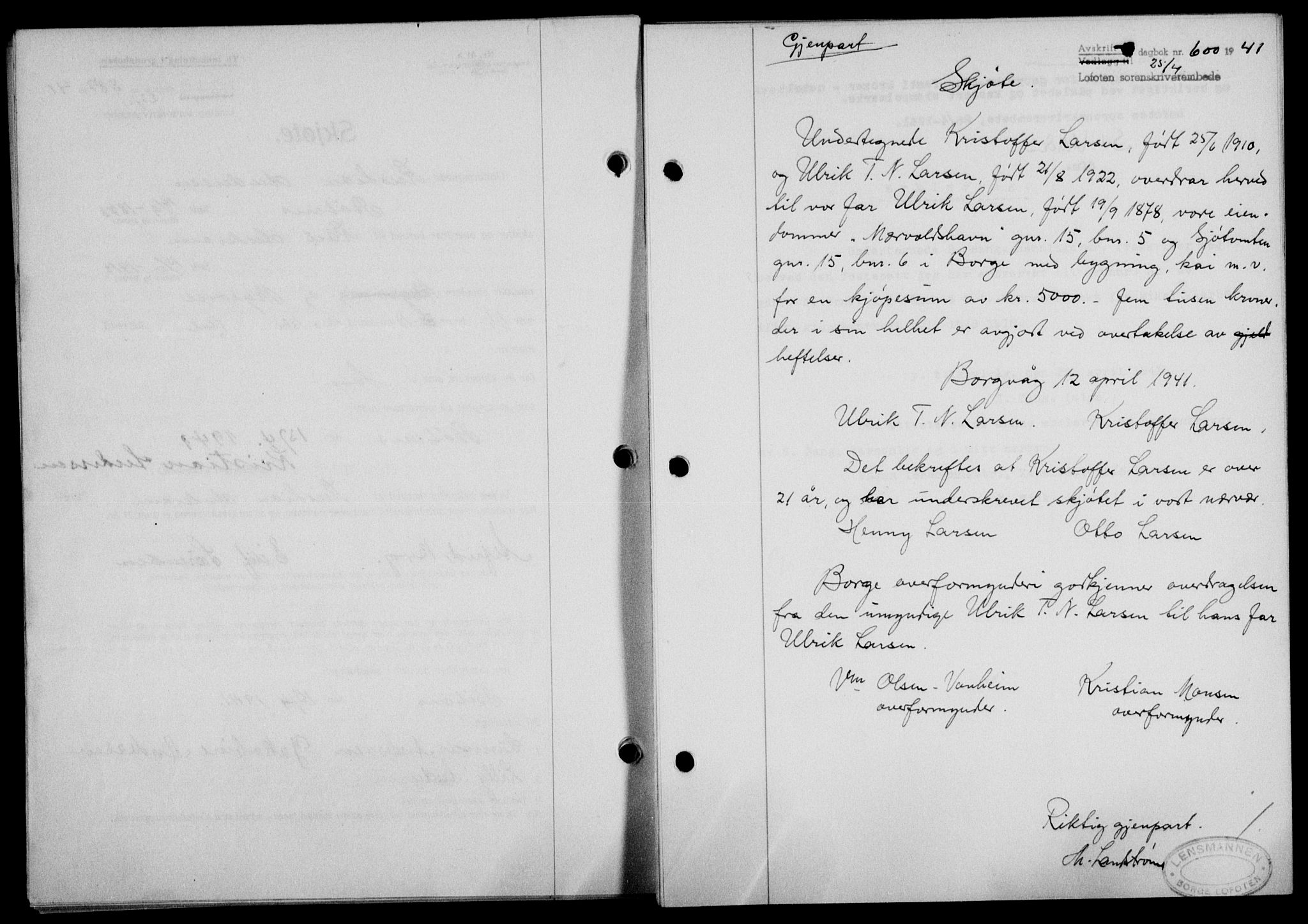 Lofoten sorenskriveri, SAT/A-0017/1/2/2C/L0008a: Mortgage book no. 8a, 1940-1941, Diary no: : 600/1941