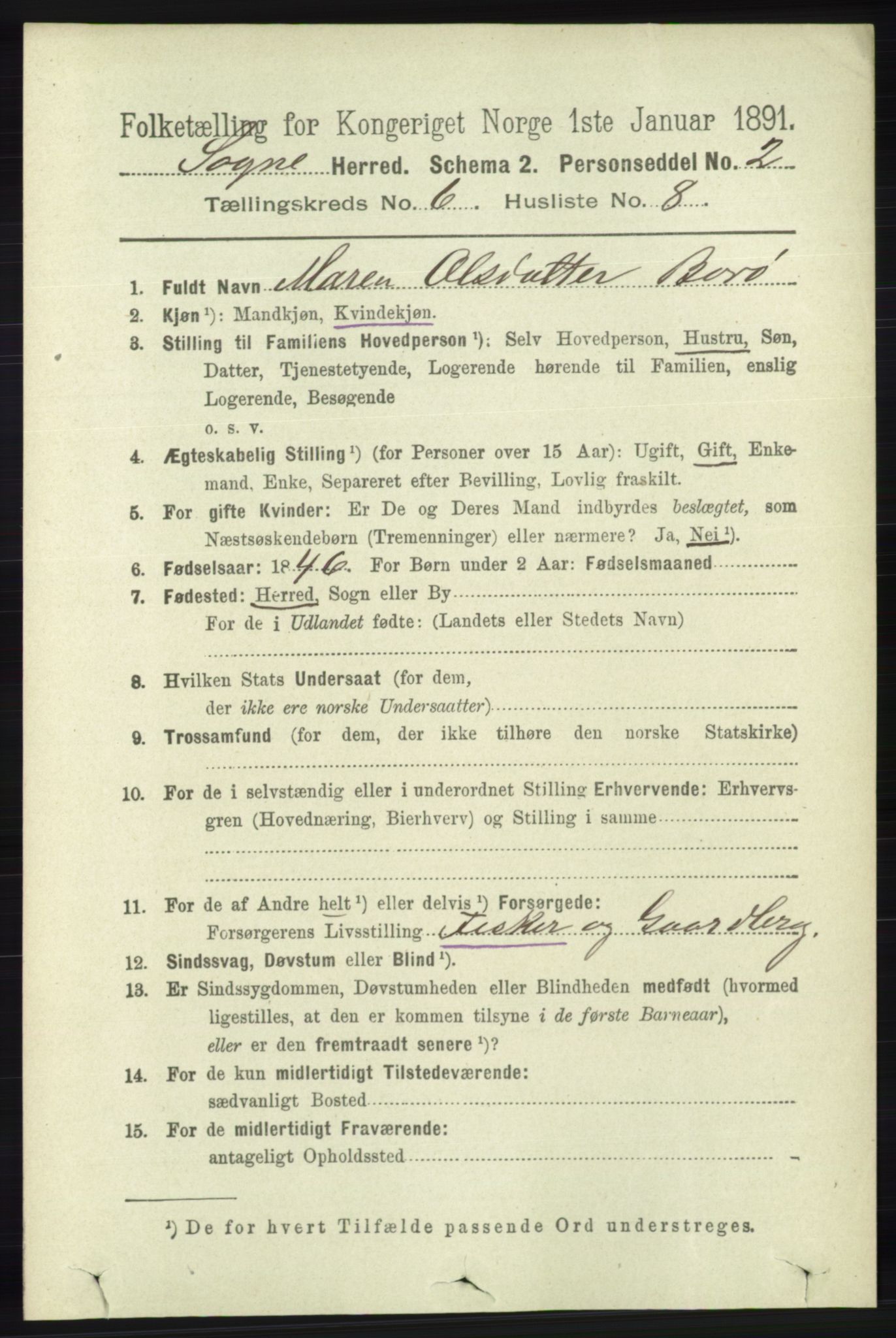 RA, 1891 census for 1018 Søgne, 1891, p. 1411