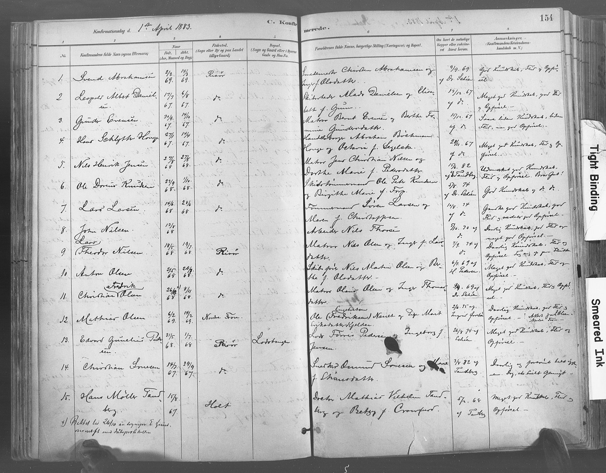 Risør sokneprestkontor, AV/SAK-1111-0035/F/Fa/L0005: Parish register (official) no. A 5, 1883-1895, p. 154