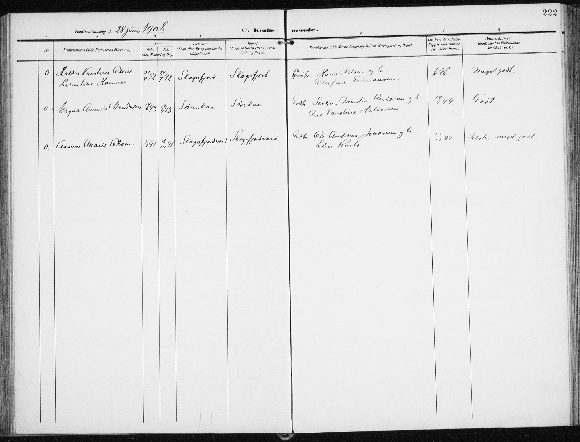 Karlsøy sokneprestembete, AV/SATØ-S-1299/H/Ha/Haa/L0014kirke: Parish register (official) no. 14, 1903-1917, p. 222