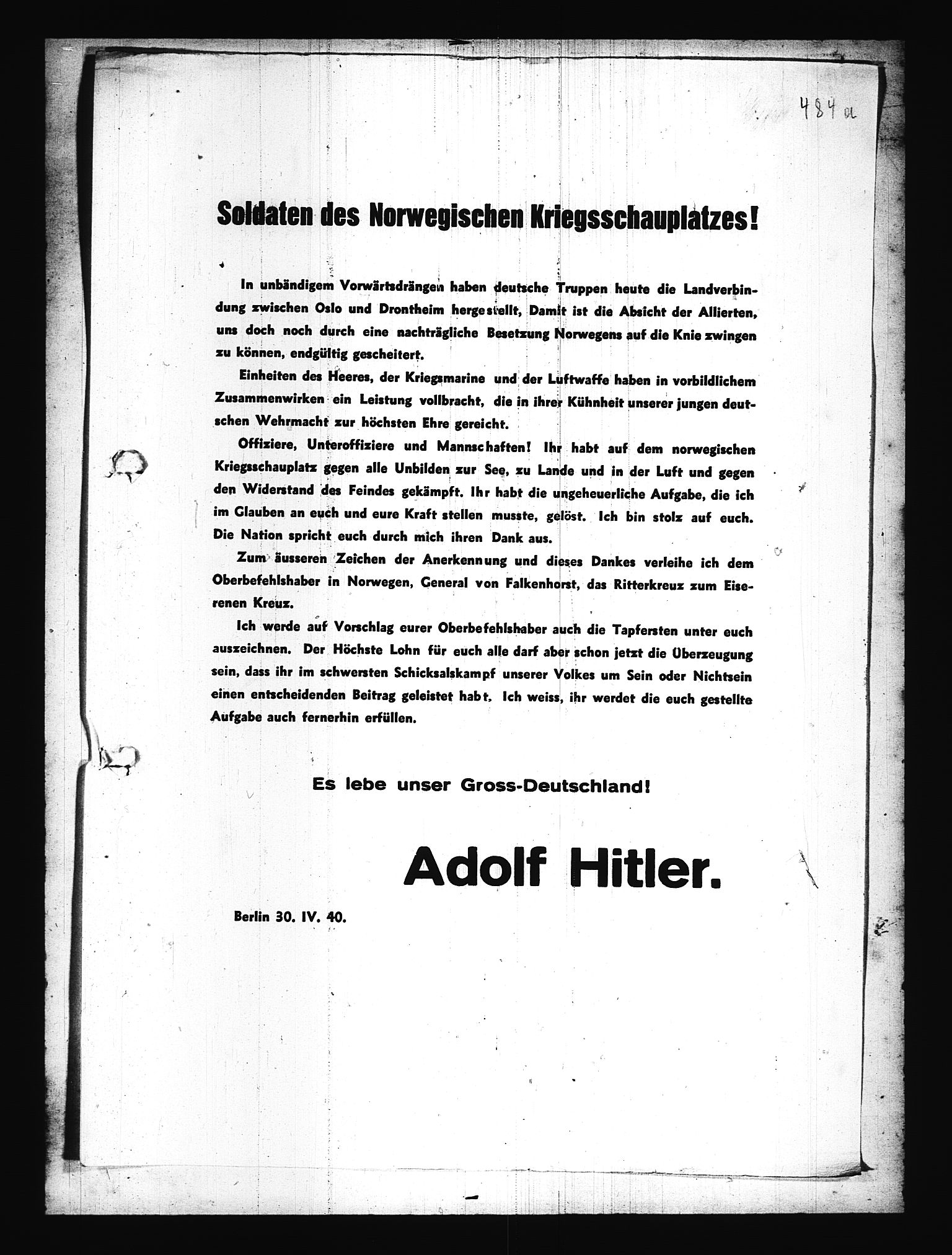 Documents Section, RA/RAFA-2200/V/L0076: Amerikansk mikrofilm "Captured German Documents".
Box No. 715.  FKA jnr. 619/1954., 1940, p. 660