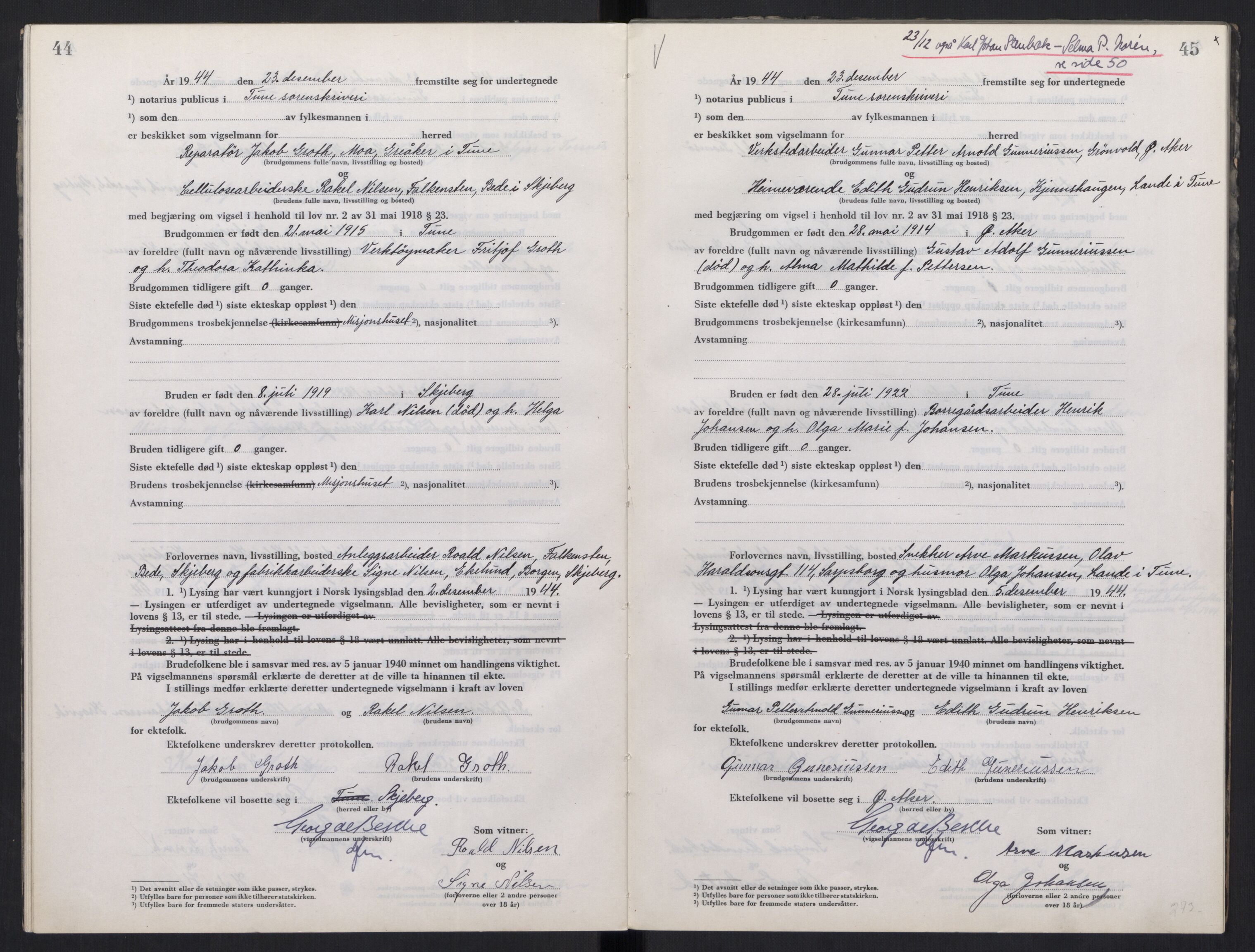 Tune sorenskriveri, AV/SAO-A-10470/L/Lb/L0003: Vigselprotokoll, 1944-1951, p. 44-45