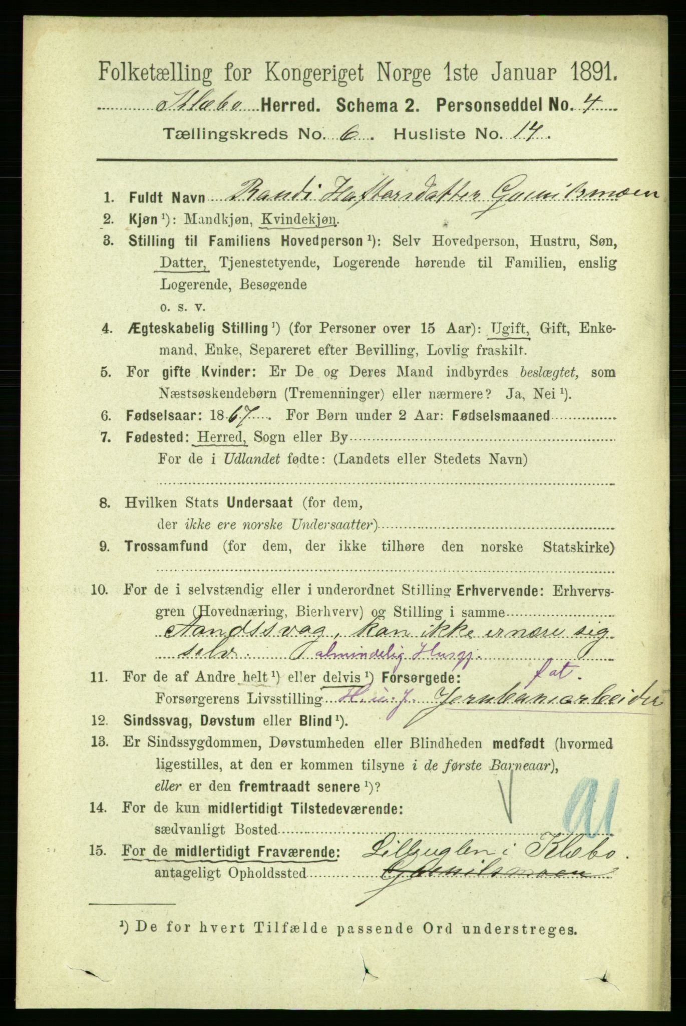 RA, 1891 census for 1662 Klæbu, 1891, p. 1315