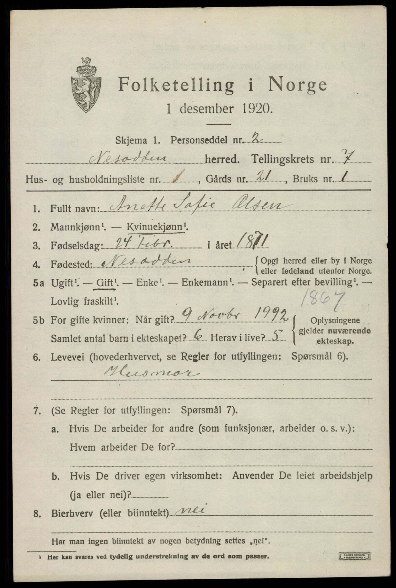 SAO, 1920 census for Nesodden, 1920, p. 5733
