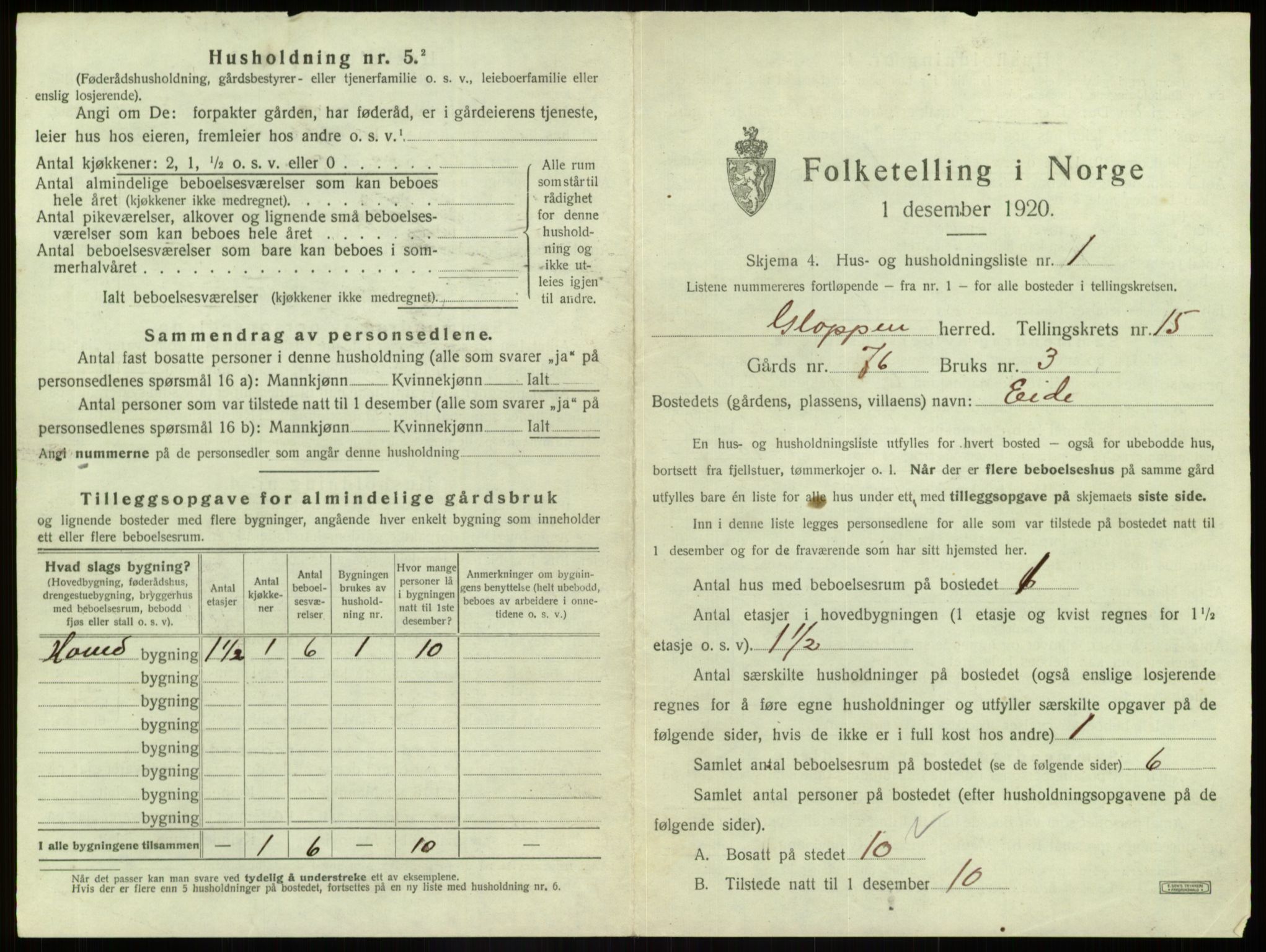 SAB, 1920 census for Gloppen, 1920, p. 1039