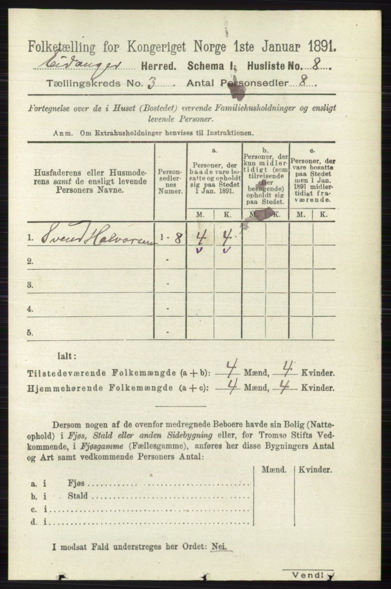 RA, 1891 census for 0813 Eidanger, 1891, p. 1455