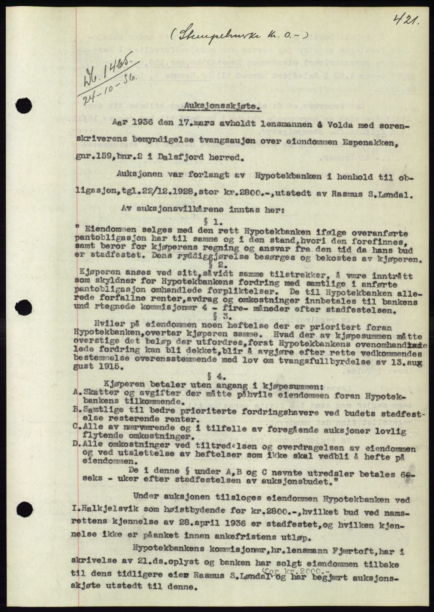 Søre Sunnmøre sorenskriveri, AV/SAT-A-4122/1/2/2C/L0061: Mortgage book no. 55, 1936-1936, Diary no: : 1465/1936