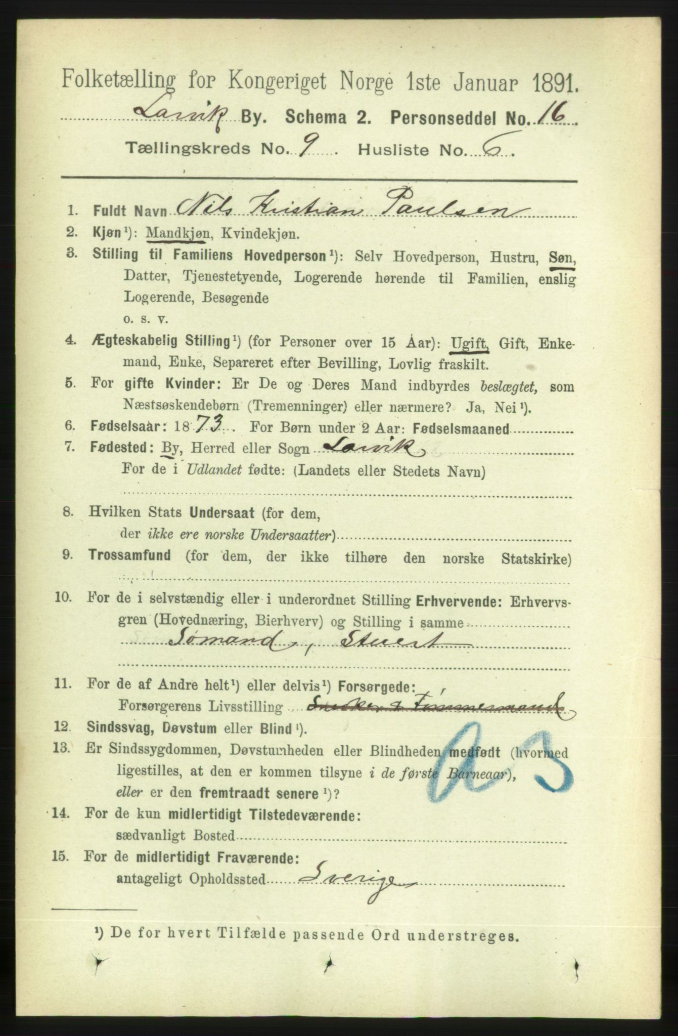 RA, 1891 census for 0707 Larvik, 1891, p. 8562