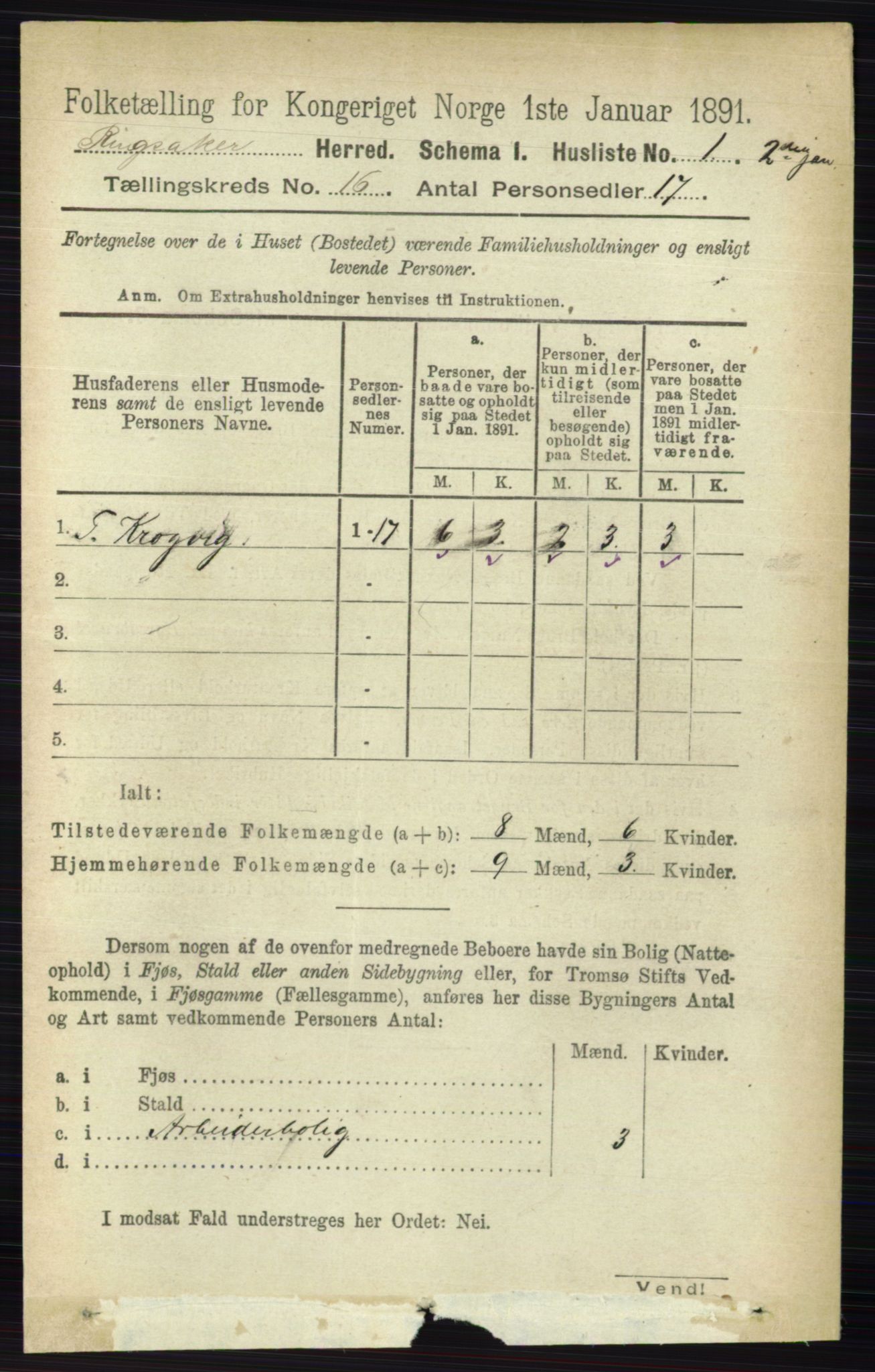 RA, 1891 census for 0412 Ringsaker, 1891, p. 8987